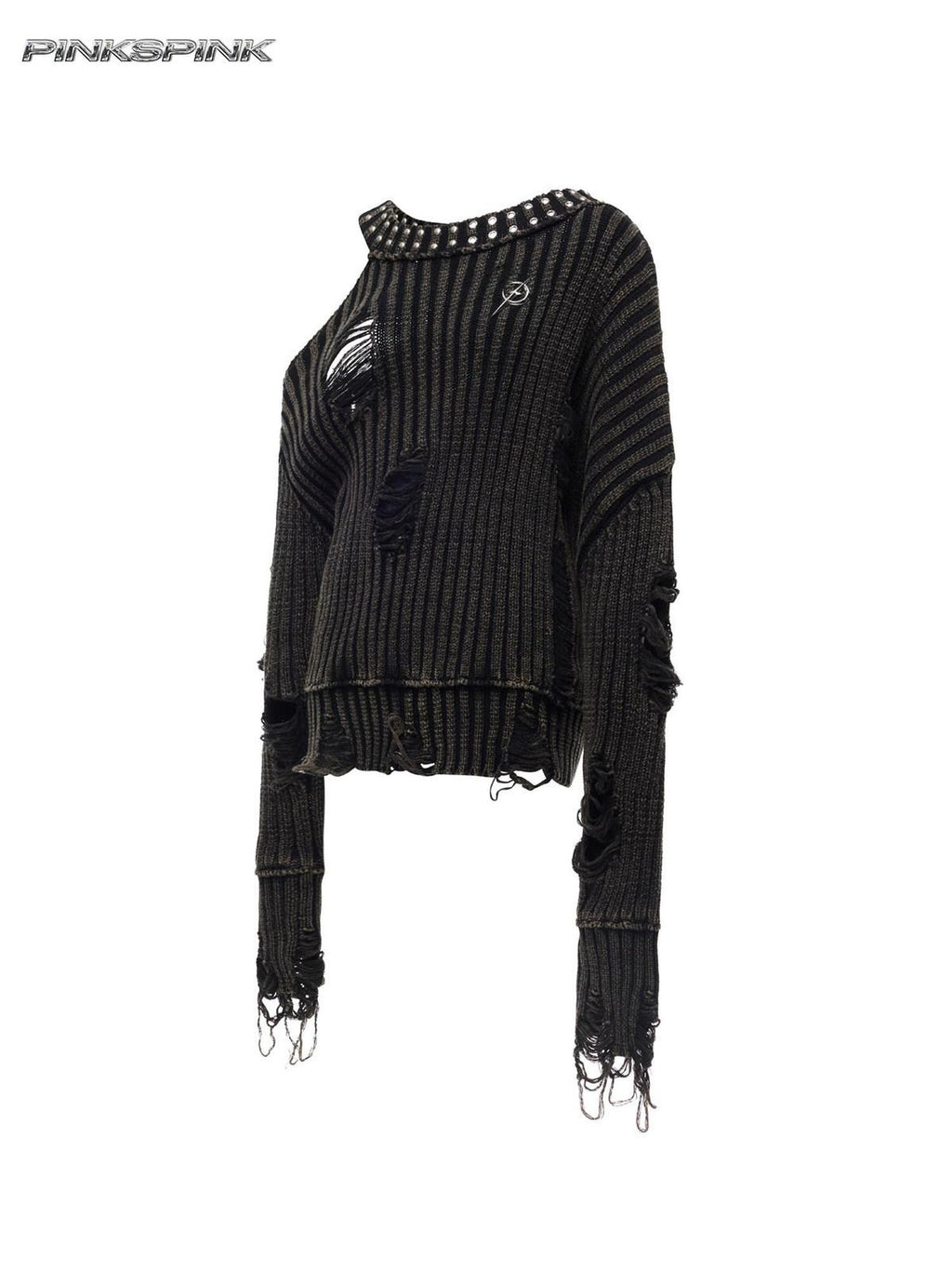 PINKSPINK Black Studded Distressed Women's Acrylic Blend Off-shoulder Sweaters