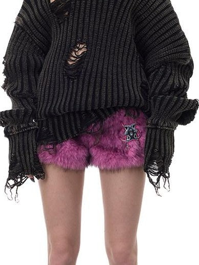 PINKSPINK Black Studded Distressed Women's Acrylic Blend Off-shoulder Sweaters