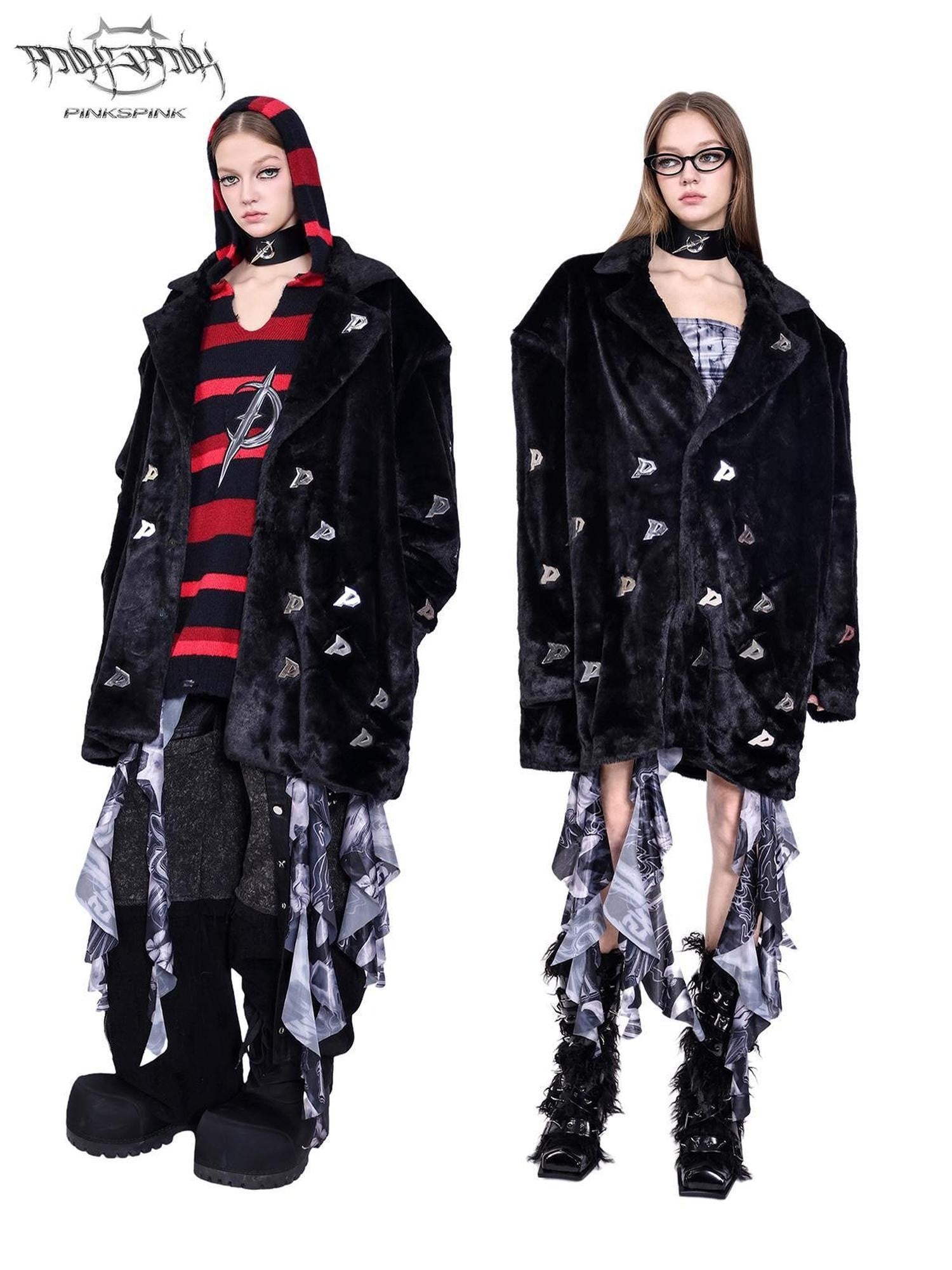 PINKSPINK Black Studded Metal P Letter Padded Shoulders Women's Quilted Faux Fur Coats