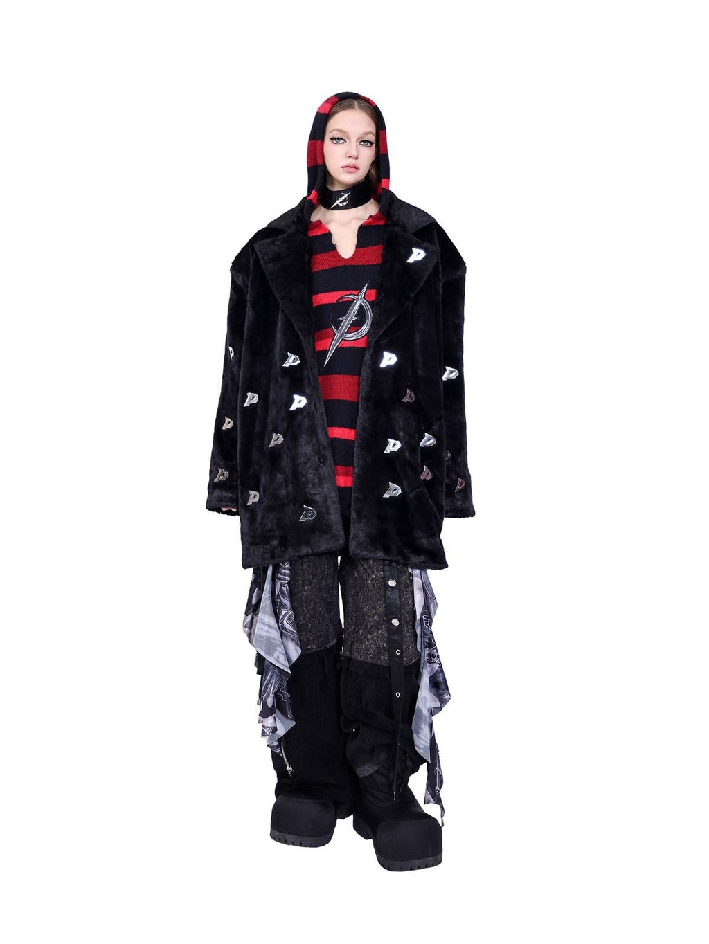 PINKSPINK Black Studded Metal P Letter Padded Shoulders Women's Quilted Faux Fur Coats