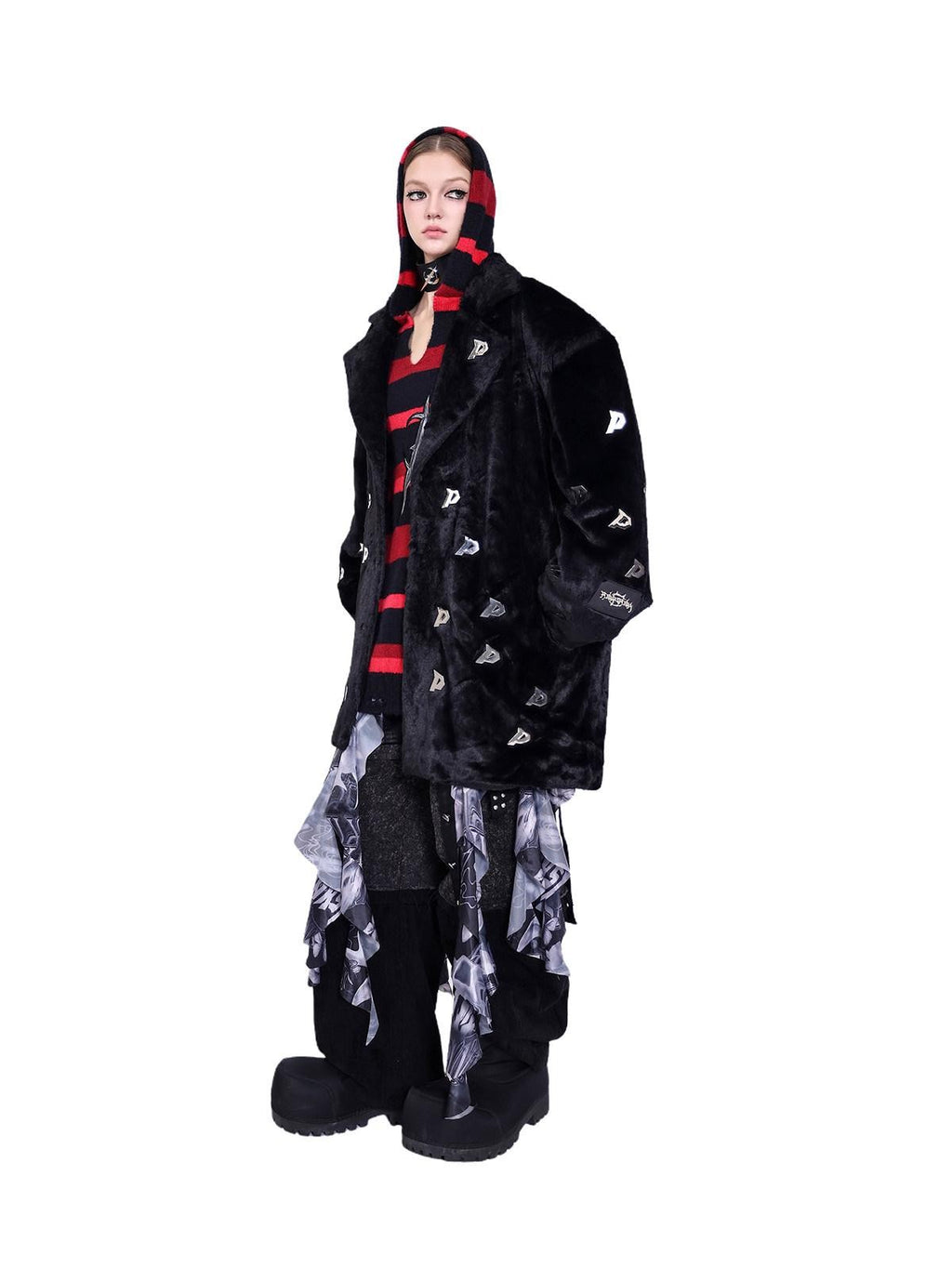PINKSPINK Black Studded Metal P Letter Padded Shoulders Women's Quilted Faux Fur Coats