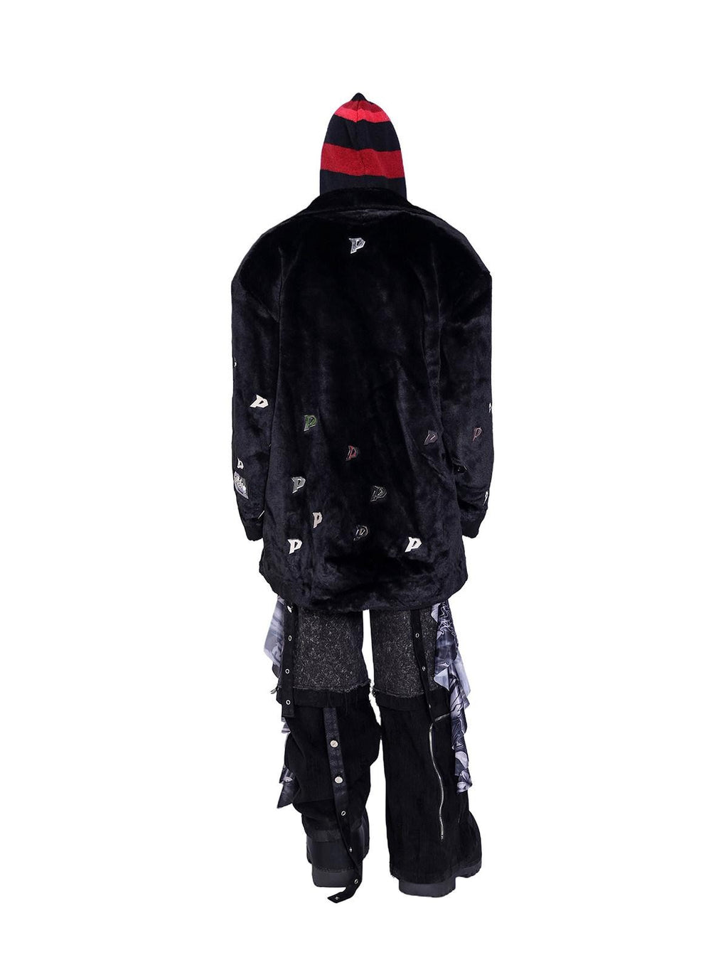 PINKSPINK Black Studded Metal P Letter Padded Shoulders Women's Quilted Faux Fur Coats
