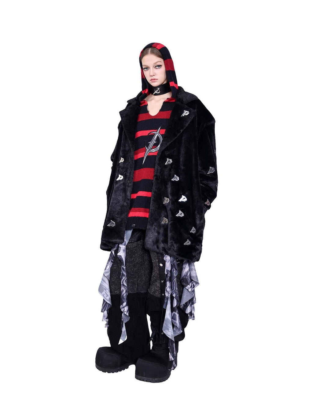 PINKSPINK Black Studded Metal P Letter Padded Shoulders Women's Quilted Faux Fur Coats