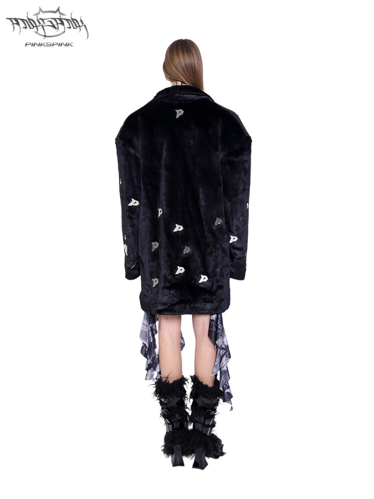 PINKSPINK Black Studded Metal P Letter Padded Shoulders Women's Quilted Faux Fur Coats