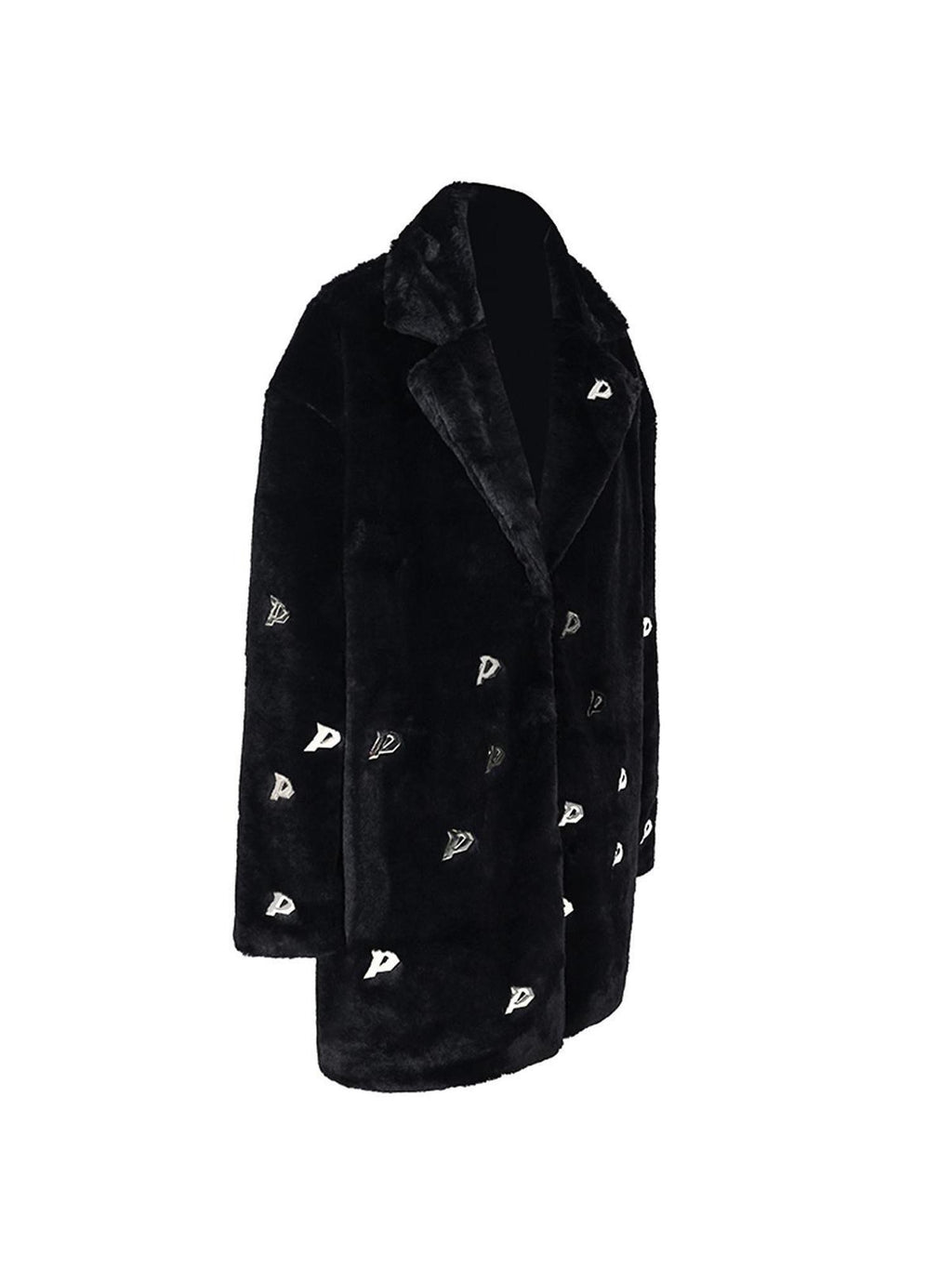 PINKSPINK Black Studded Metal P Letter Padded Shoulders Women's Quilted Faux Fur Coats