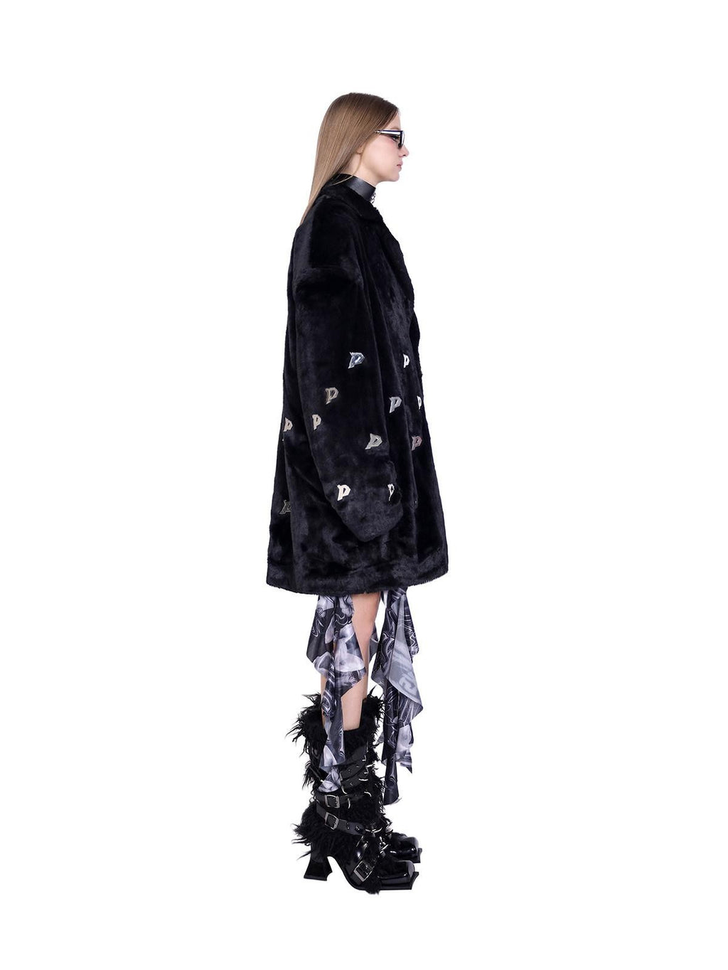 PINKSPINK Black Studded Metal P Letter Padded Shoulders Women's Quilted Faux Fur Coats
