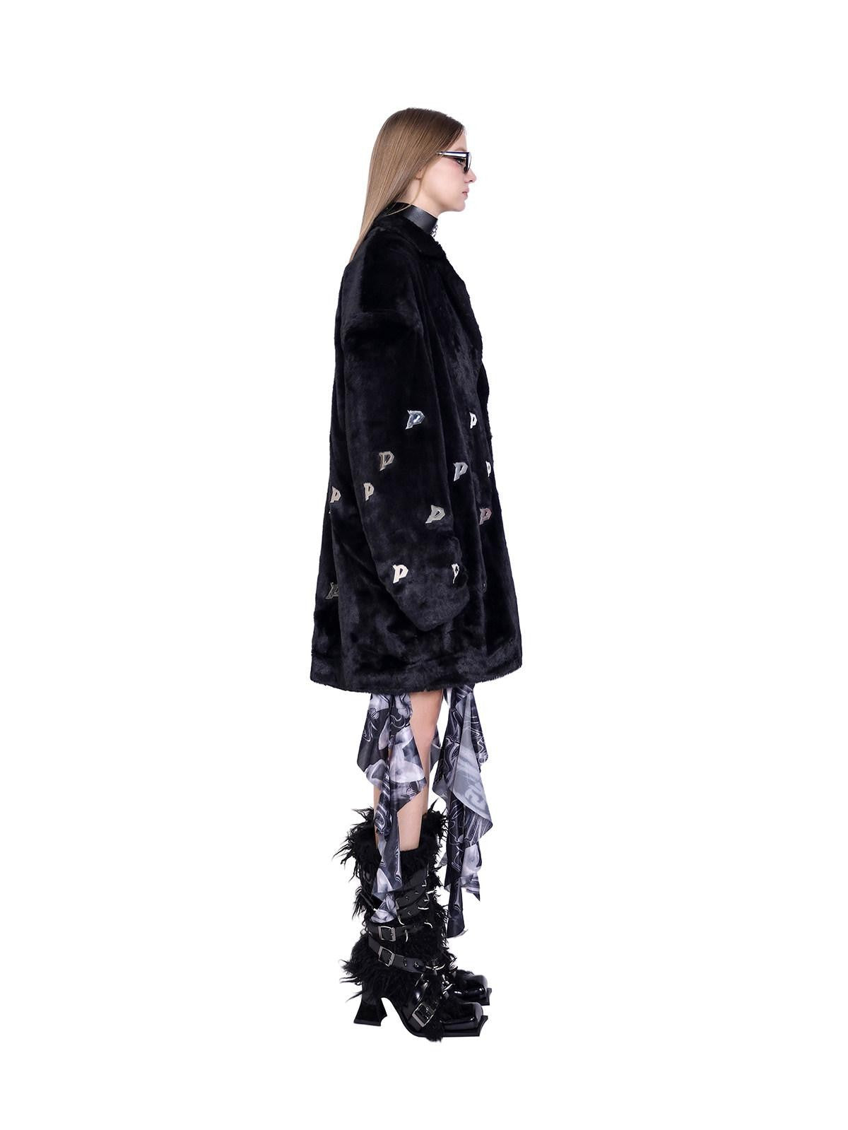 PINKSPINK Black Studded Metal P Letter Padded Shoulders Women's Quilted Faux Fur Coats