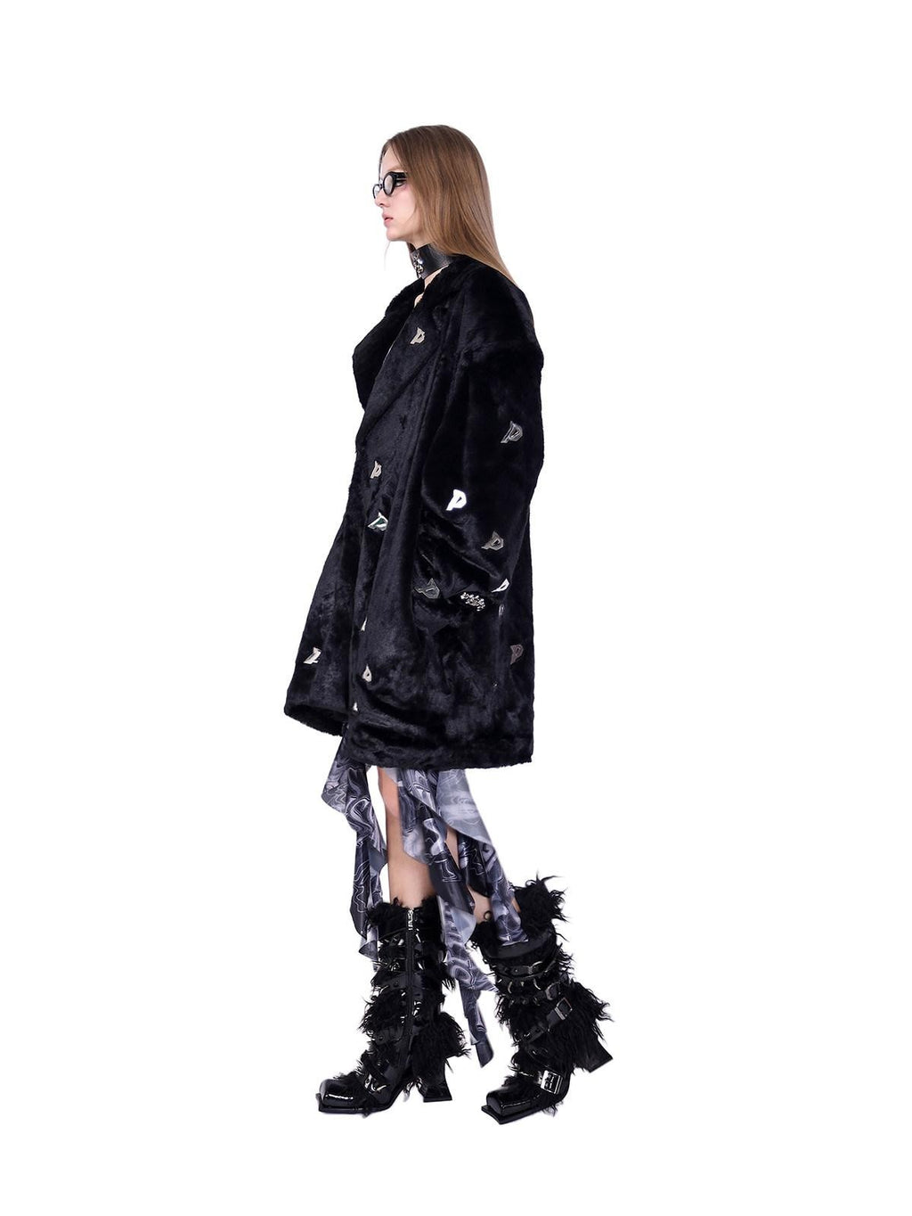 PINKSPINK Black Studded Metal P Letter Padded Shoulders Women's Quilted Faux Fur Coats