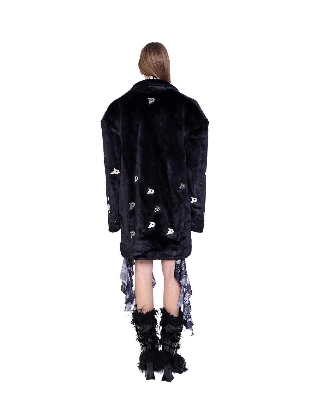 PINKSPINK Black Studded Metal P Letter Padded Shoulders Women's Quilted Faux Fur Coats