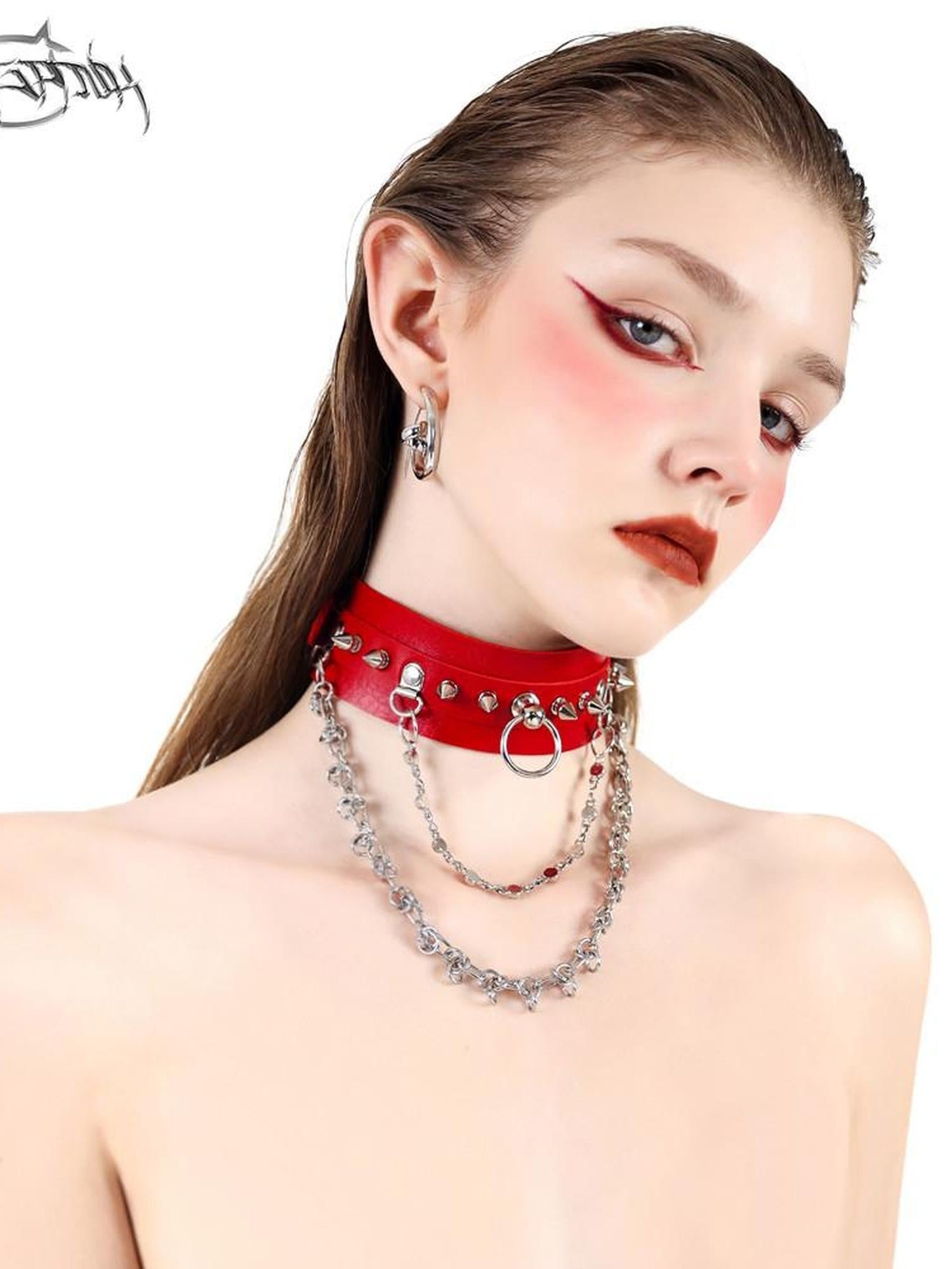 PINKSPINK Black Studded Rhinestone Rock Choker Multi Layer Women's Leather Necklaces