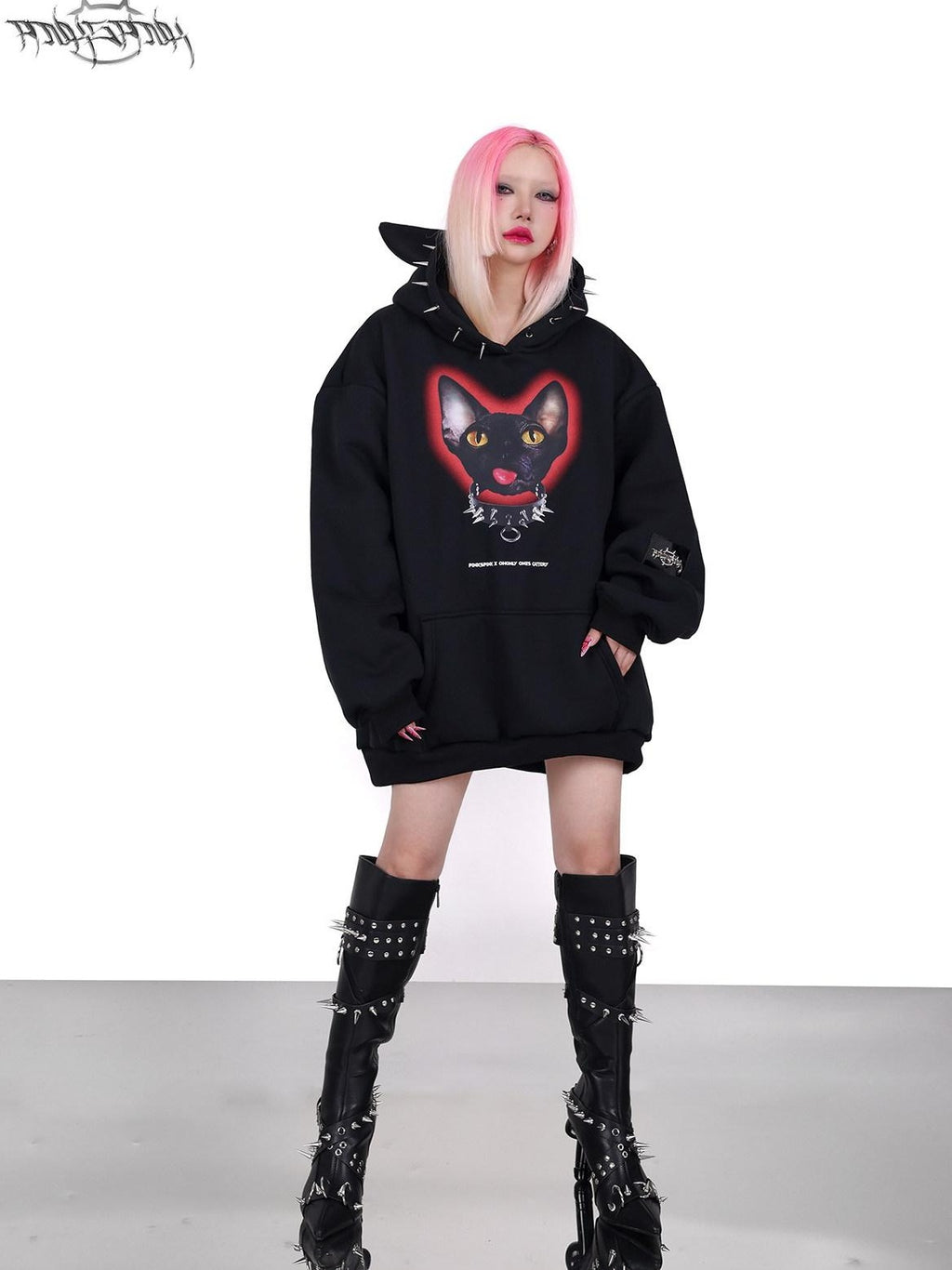 PINKSPINK Black Studded Sphynx Cat Print Hooded Rock Punk Women's Cotton Sweatshirts