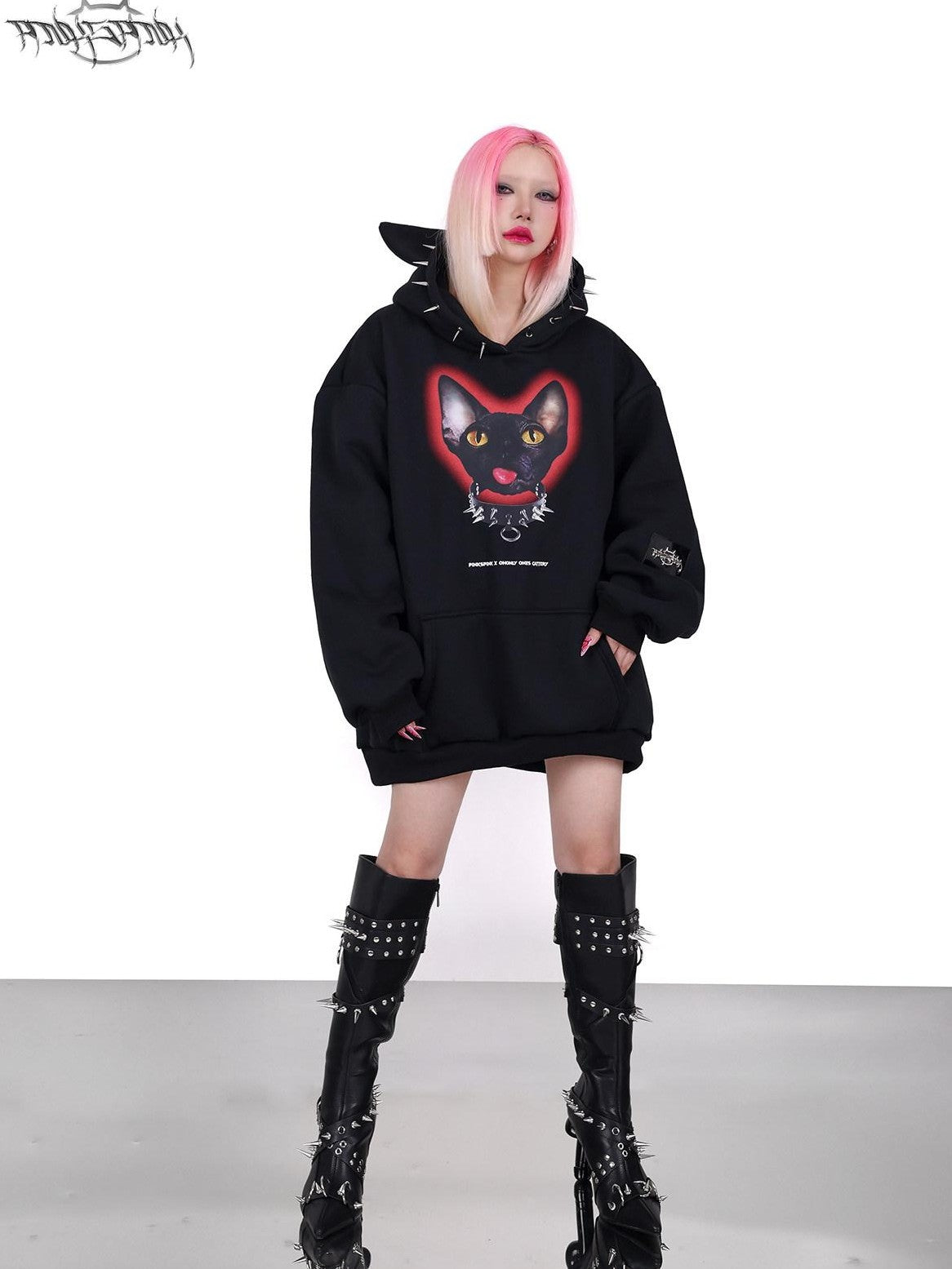 PINKSPINK Black Studded Sphynx Cat Print Hooded Rock Punk Women's Cotton Sweatshirts