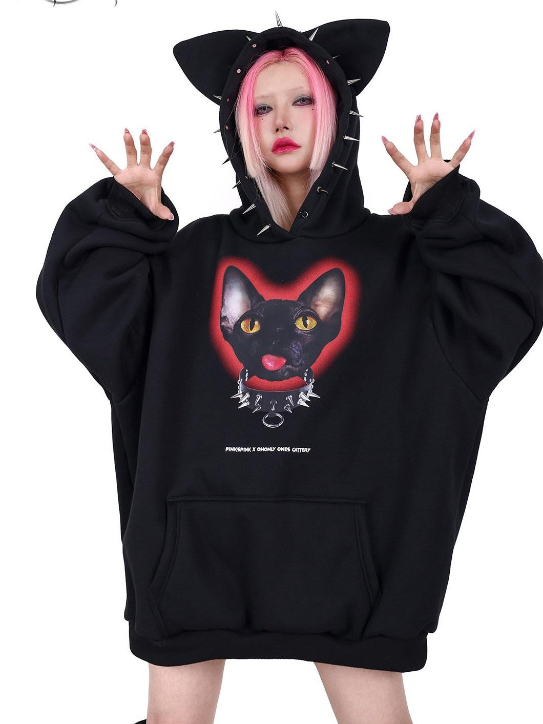 PINKSPINK Black Studded Sphynx Cat Print Hooded Rock Punk Women's Cotton Sweatshirts