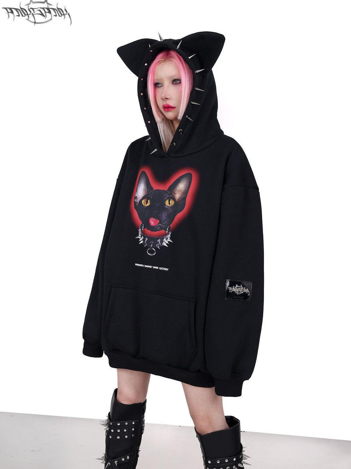 PINKSPINK Black Studded Sphynx Cat Print Hooded Rock Punk Women's Cotton Sweatshirts