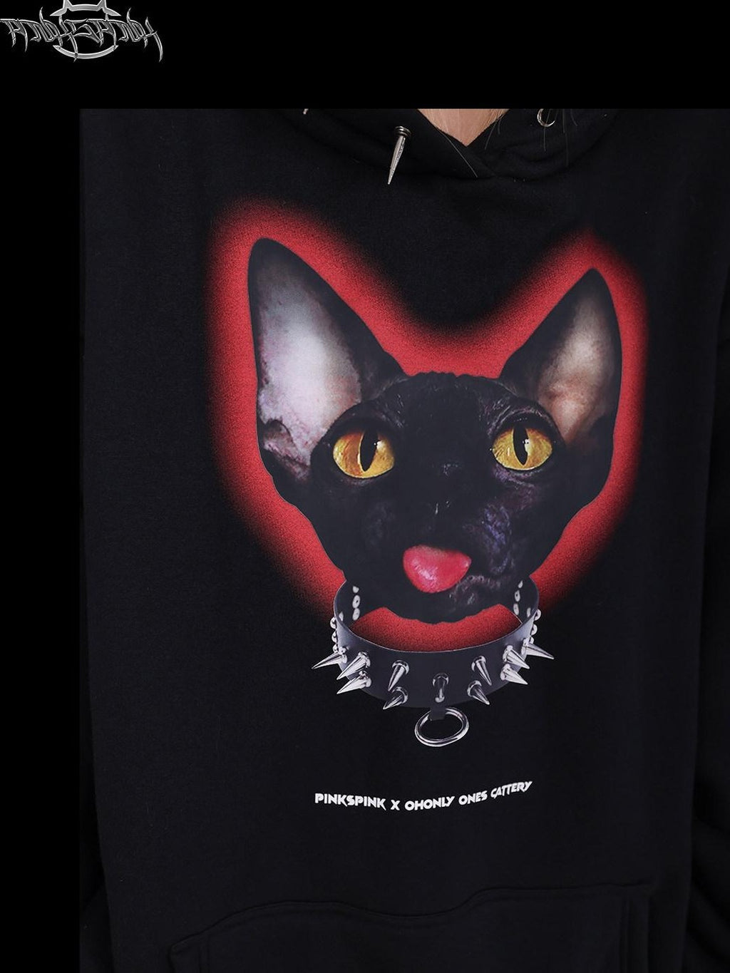 PINKSPINK Black Studded Sphynx Cat Print Hooded Rock Punk Women's Cotton Sweatshirts