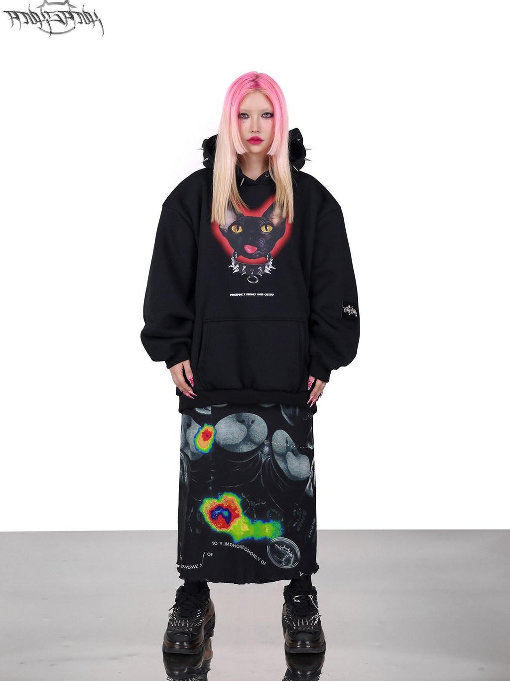 PINKSPINK Black Studded Sphynx Cat Print Hooded Rock Punk Women's Cotton Sweatshirts