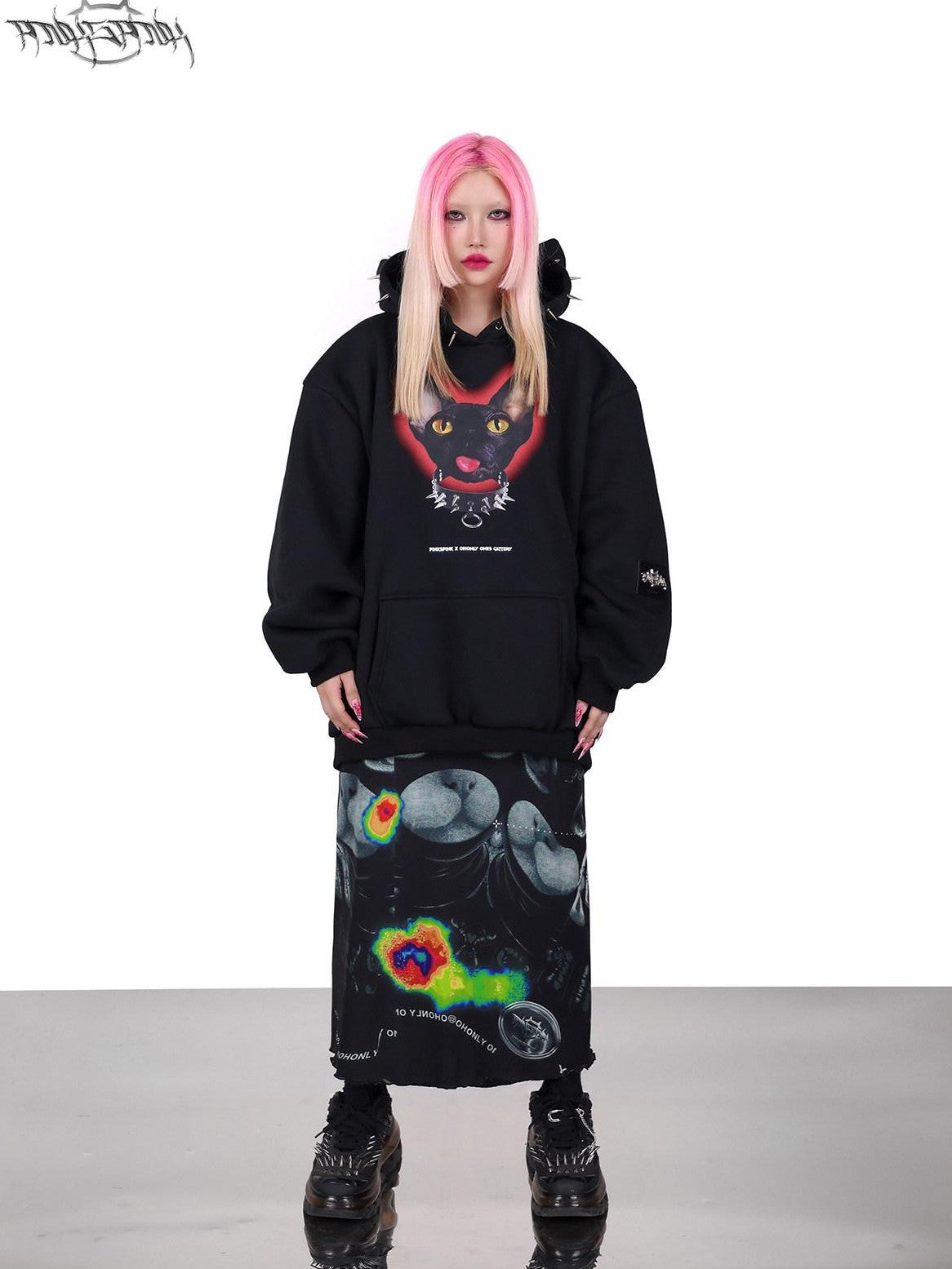PINKSPINK Black Studded Sphynx Cat Print Hooded Rock Punk Women's Cotton Sweatshirts