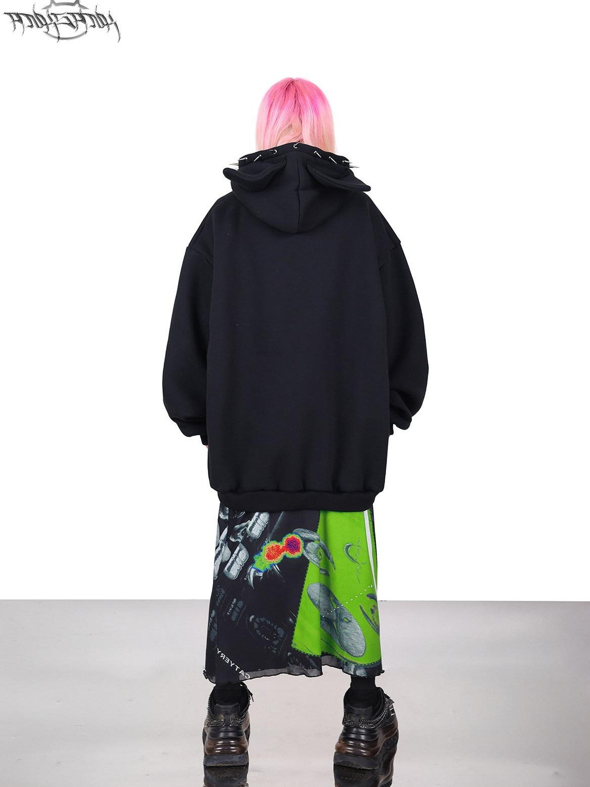 PINKSPINK Black Studded Sphynx Cat Print Hooded Rock Punk Women's Cotton Sweatshirts