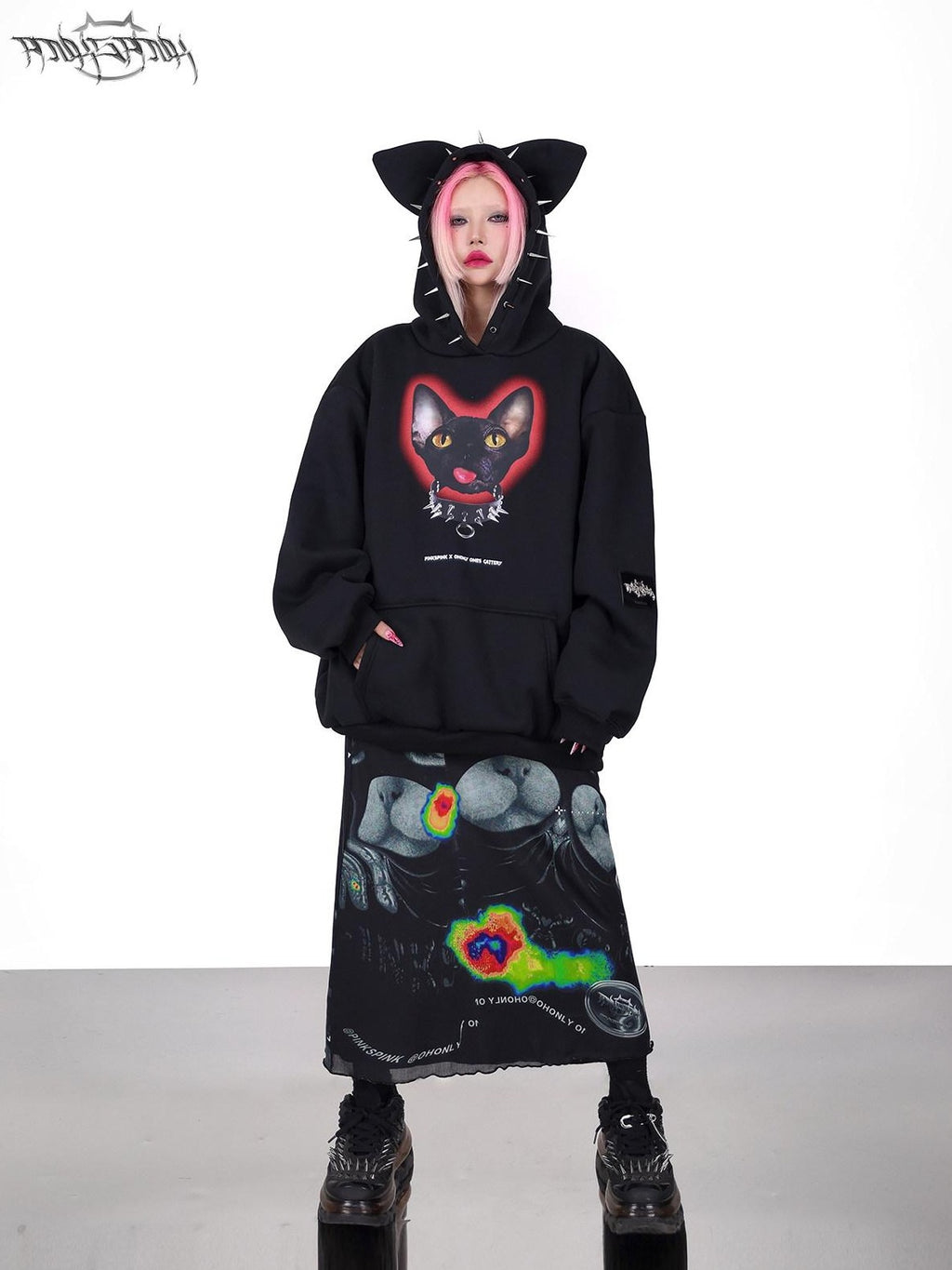 PINKSPINK Black Studded Sphynx Cat Print Hooded Rock Punk Women's Cotton Sweatshirts