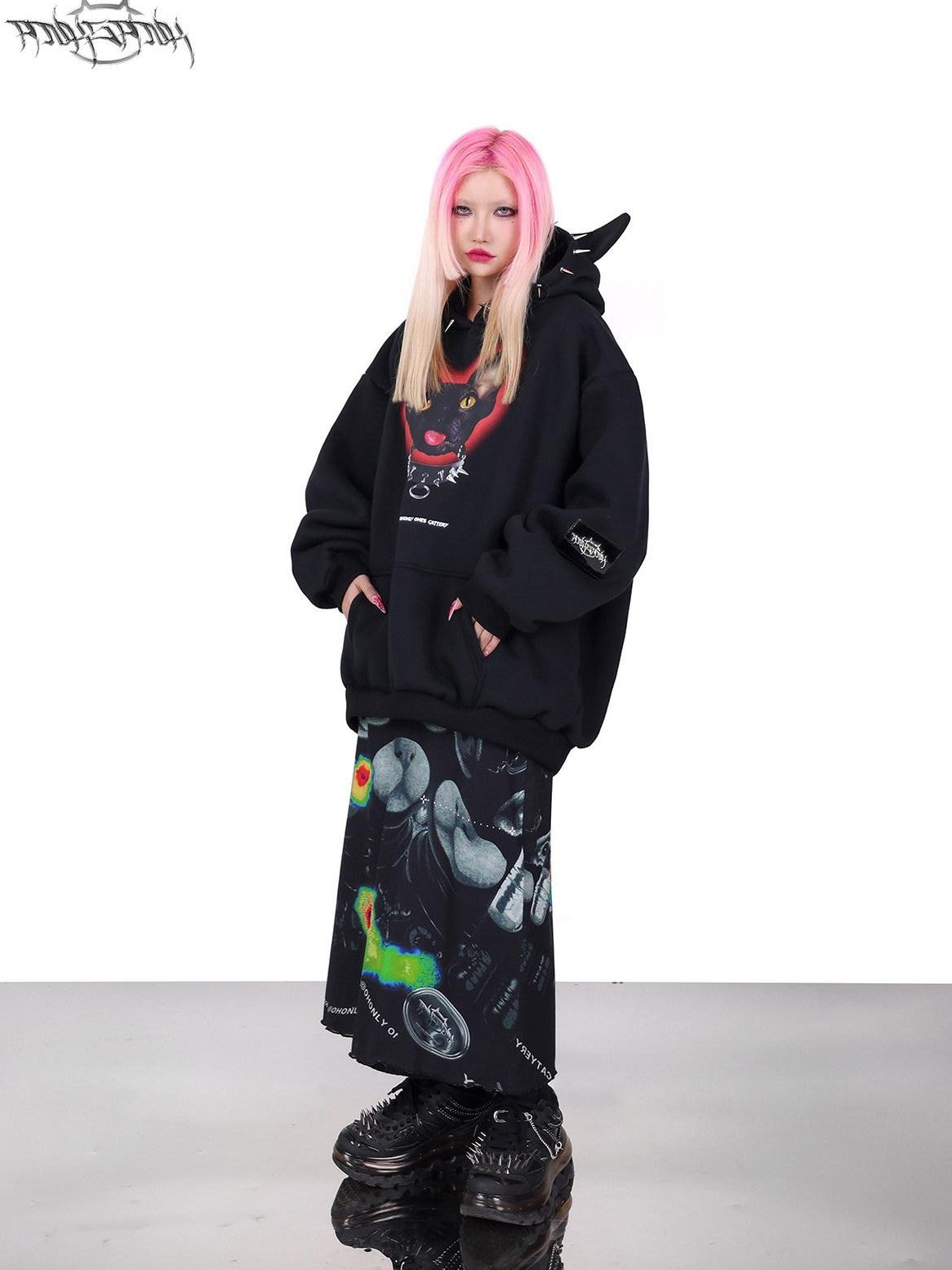 PINKSPINK Black Studded Sphynx Cat Print Hooded Rock Punk Women's Cotton Sweatshirts
