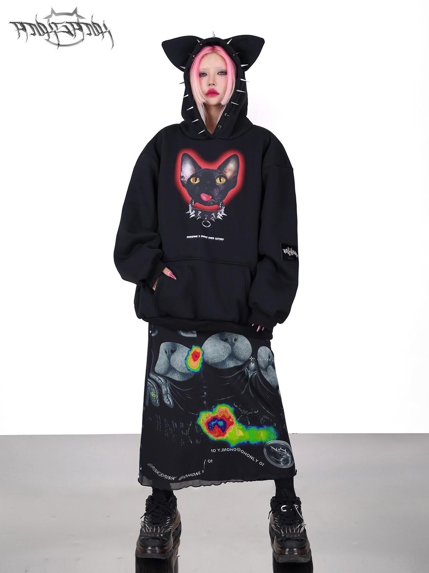 PINKSPINK Black Studded Sphynx Cat Print Hooded Rock Punk Women's Cotton Sweatshirts