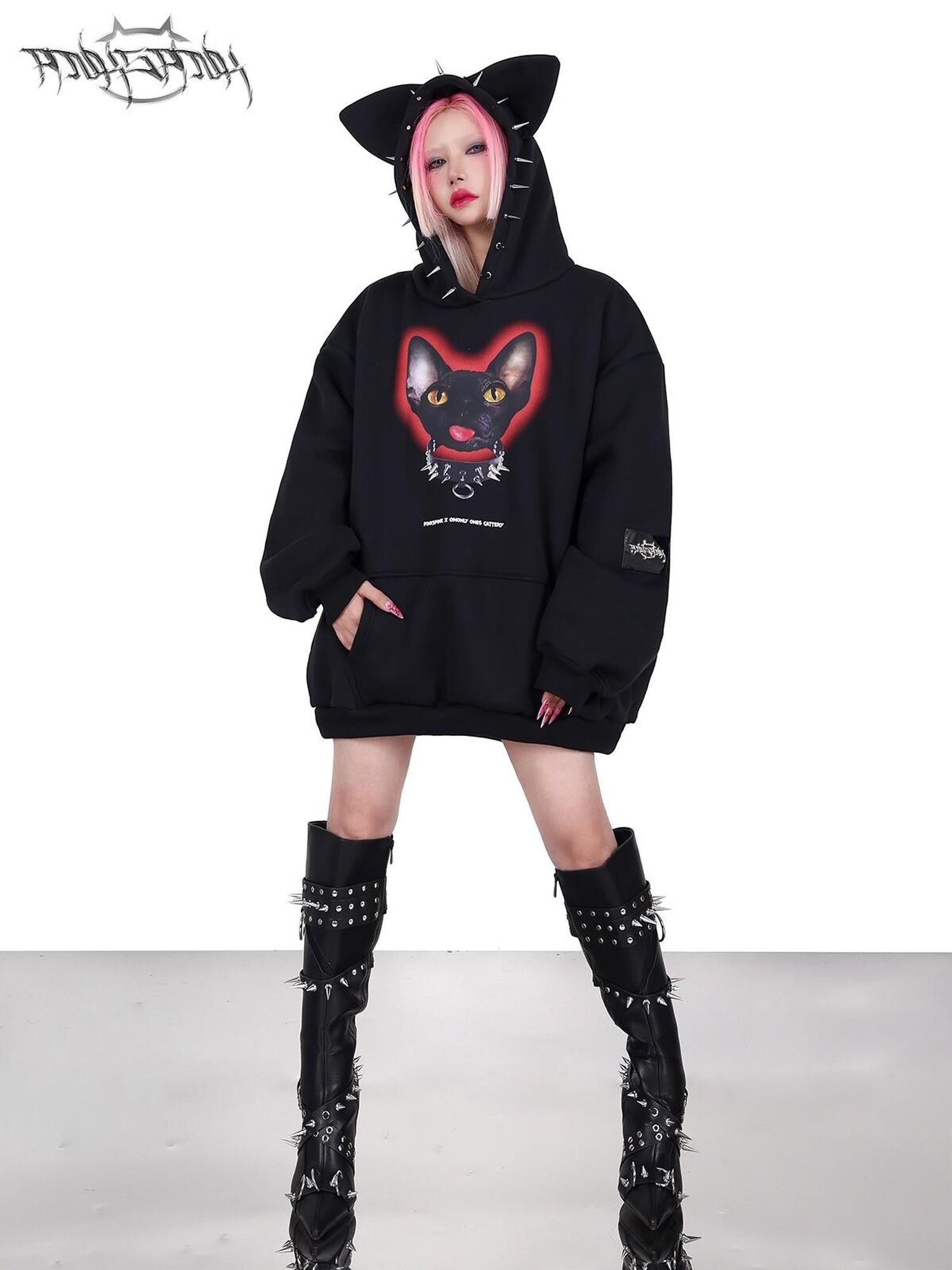PINKSPINK Black Studded Sphynx Cat Print Hooded Rock Punk Women's Cotton Sweatshirts
