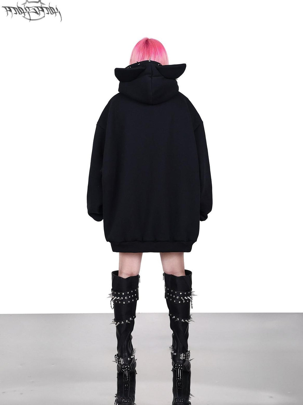 PINKSPINK Black Studded Sphynx Cat Print Hooded Rock Punk Women's Cotton Sweatshirts