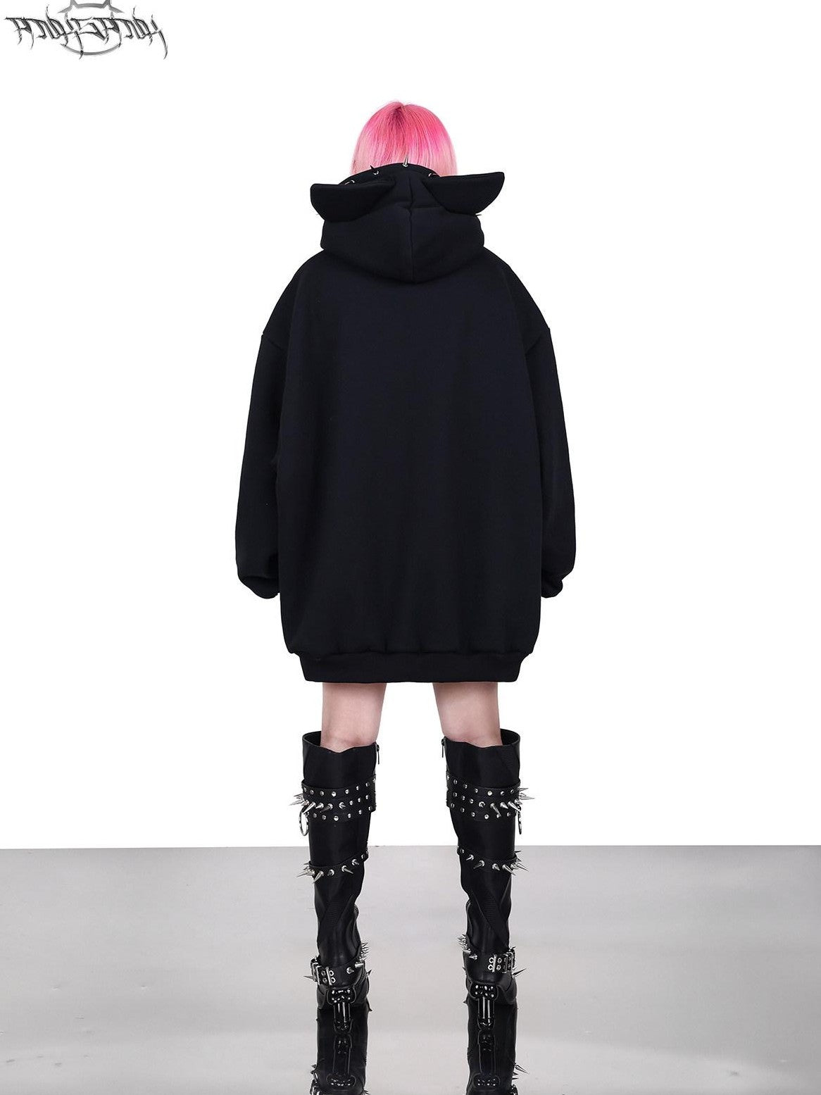 PINKSPINK Black Studded Sphynx Cat Print Hooded Rock Punk Women's Cotton Sweatshirts