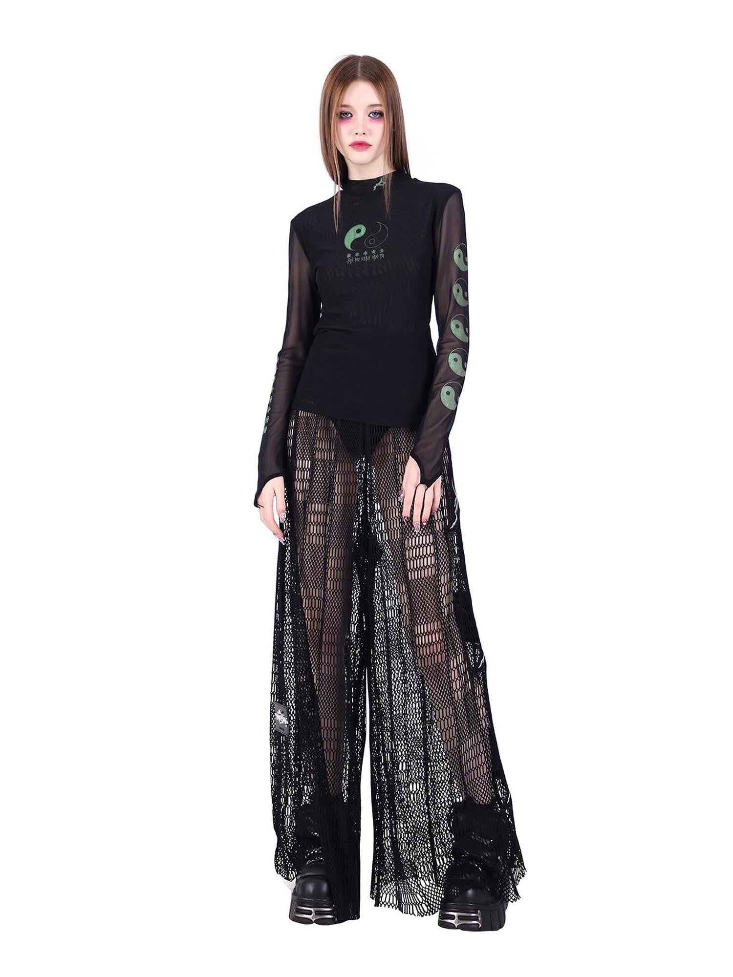 PINKSPINK Black Taiji Mesh Slim Fit Women's Sheer Sun Protective Long Sleeve T-shirts