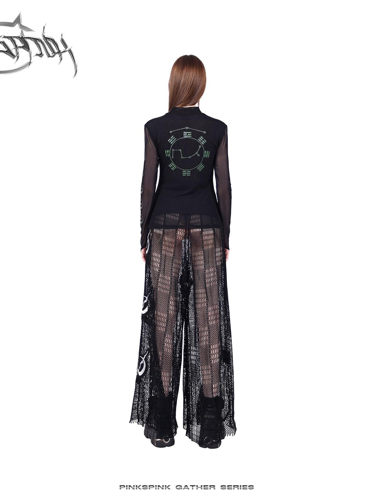 PINKSPINK Black Taiji Mesh Slim Fit Women's Sheer Sun Protective Long Sleeve T-shirts