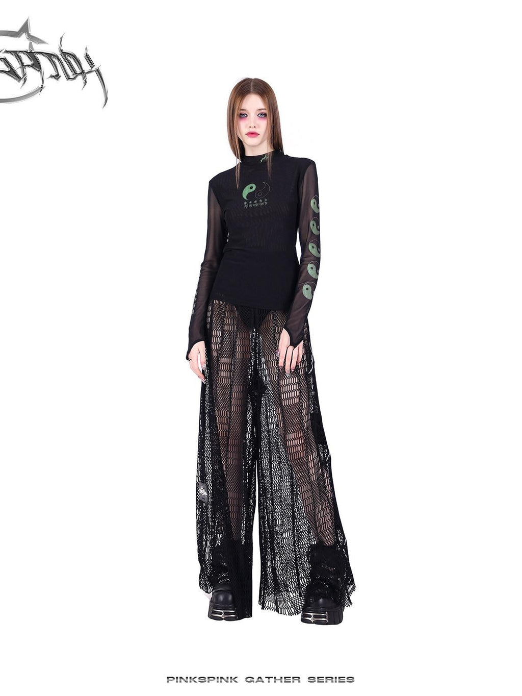 PINKSPINK Black Taiji Mesh Slim Fit Women's Sheer Sun Protective Long Sleeve T-shirts