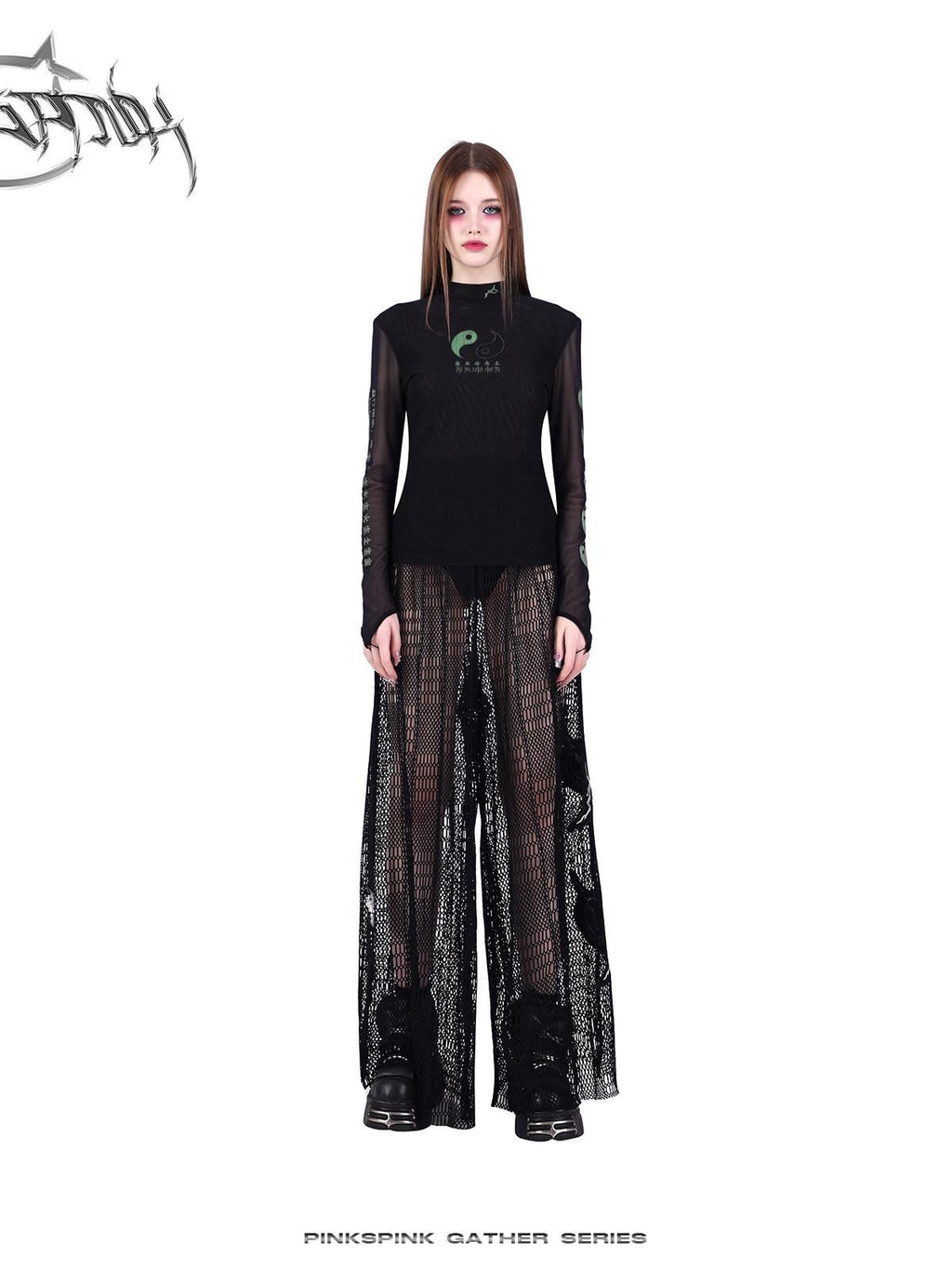 PINKSPINK Black Taiji Mesh Slim Fit Women's Sheer Sun Protective Long Sleeve T-shirts