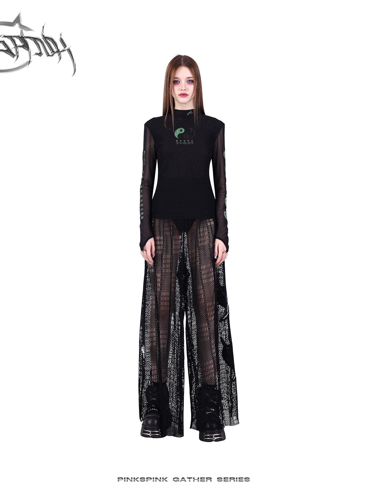 PINKSPINK Black Taiji Mesh Slim Fit Women's Sheer Sun Protective Long Sleeve T-shirts