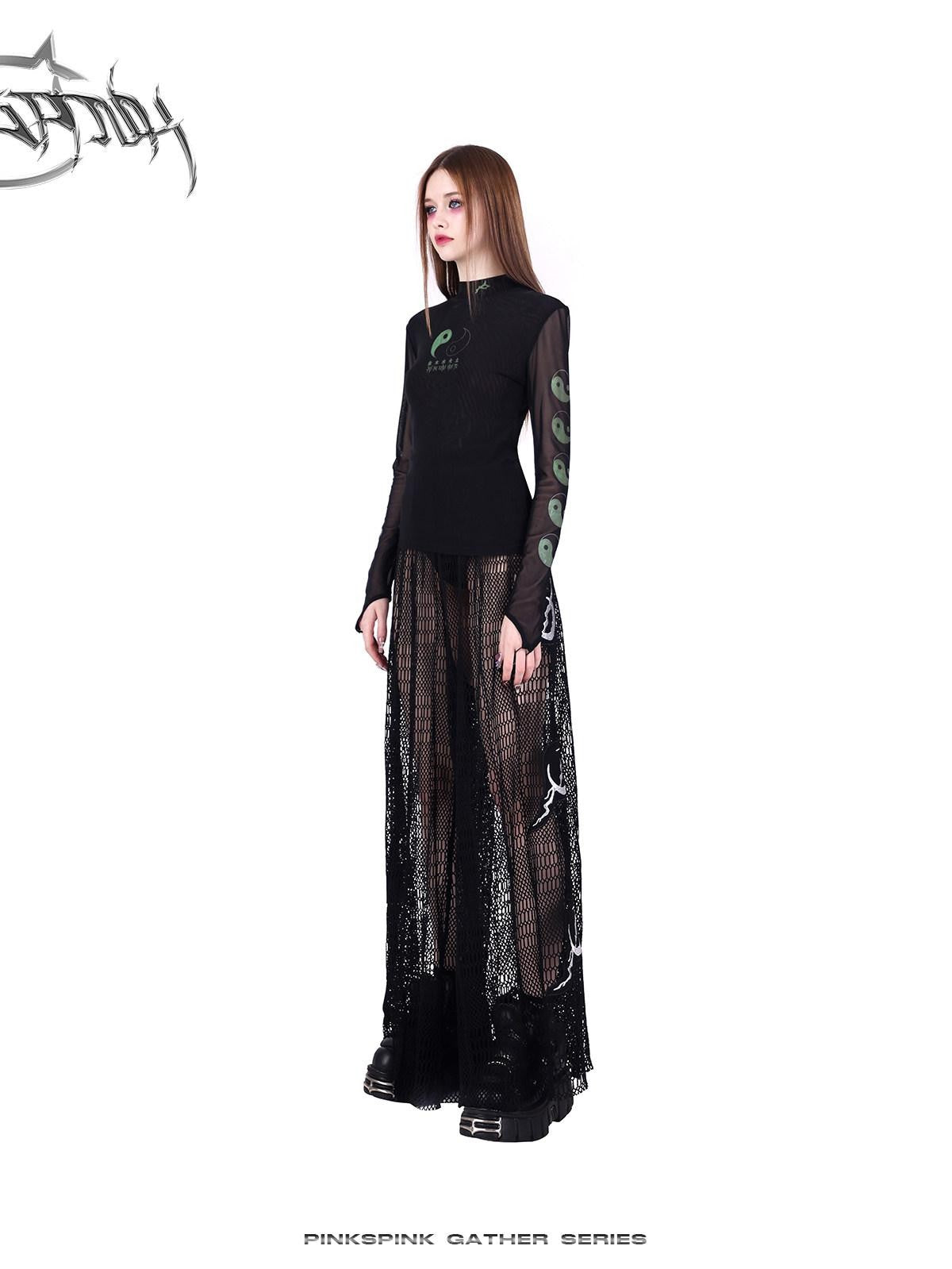 PINKSPINK Black Taiji Mesh Slim Fit Women's Sheer Sun Protective Long Sleeve T-shirts