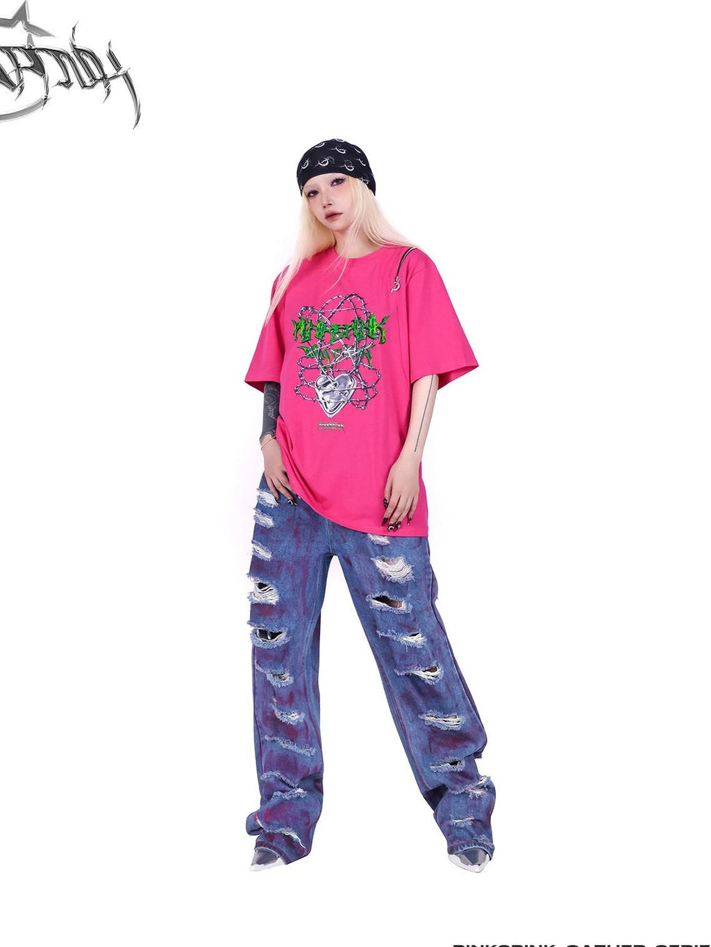 PINKSPINK Black Thorn Heart Zip Punk Women's Cotton Off-shoulder T-shirts