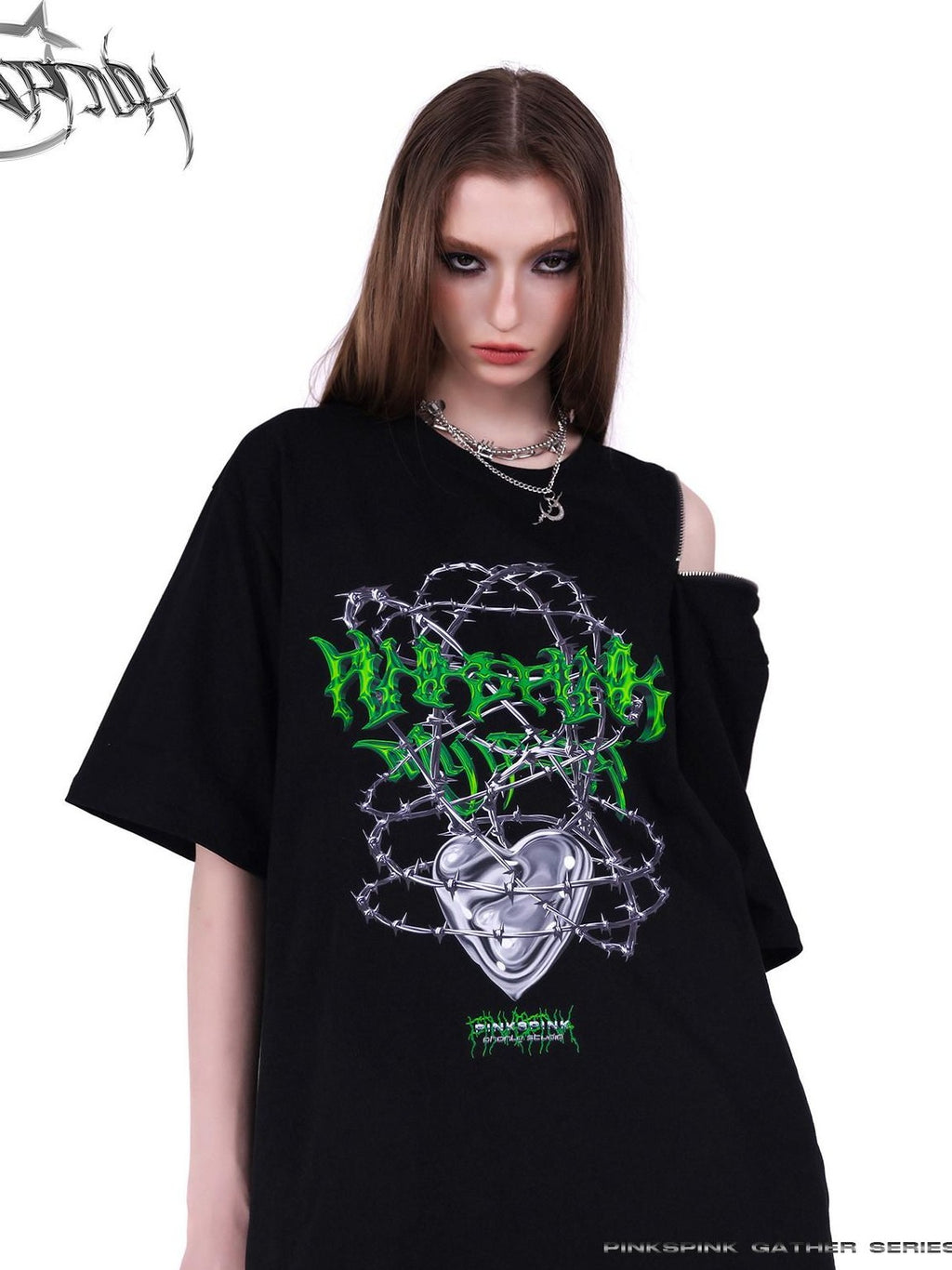 PINKSPINK Black Thorn Heart Zip Punk Women's Cotton Off-shoulder T-shirts