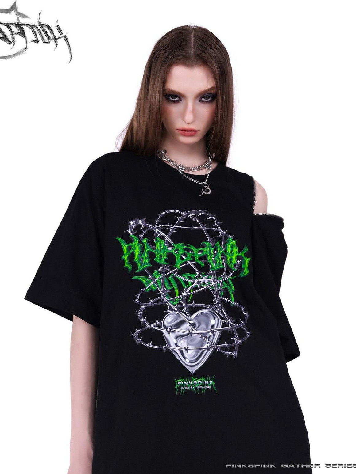 PINKSPINK Black Thorn Heart Zip Punk Women's Cotton Off-shoulder T-shirts