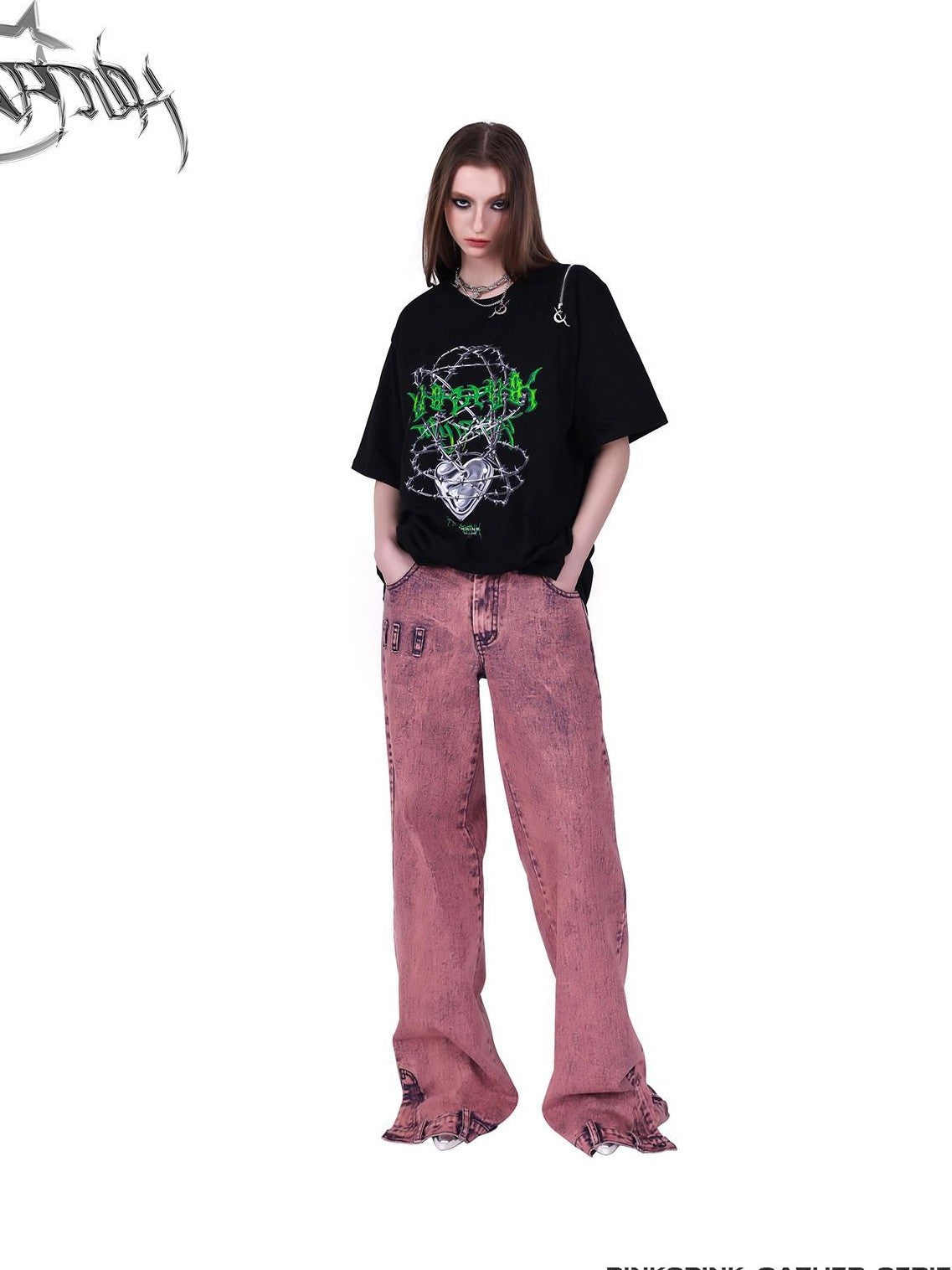 PINKSPINK Black Thorn Heart Zip Punk Women's Cotton Off-shoulder T-shirts
