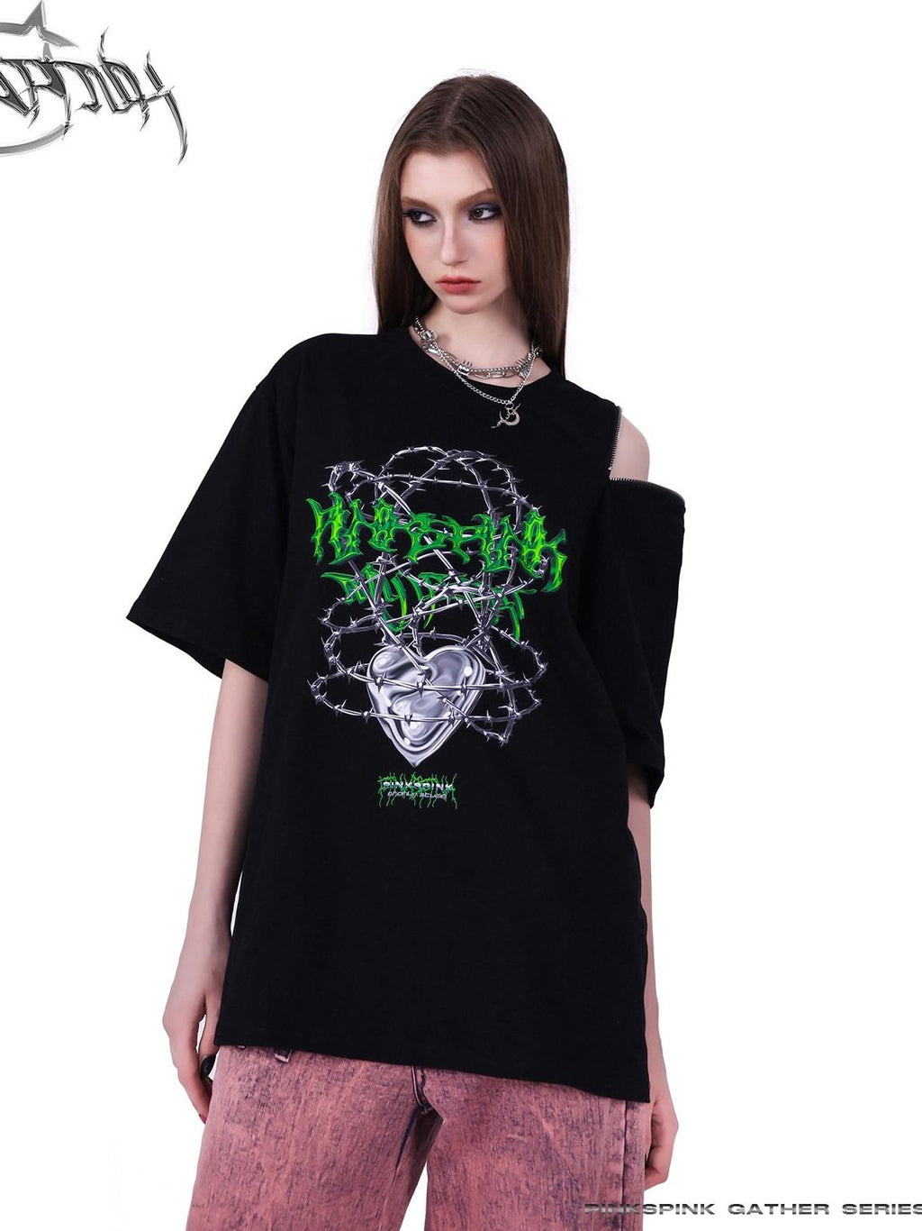 PINKSPINK Black Thorn Heart Zip Punk Women's Cotton Off-shoulder T-shirts