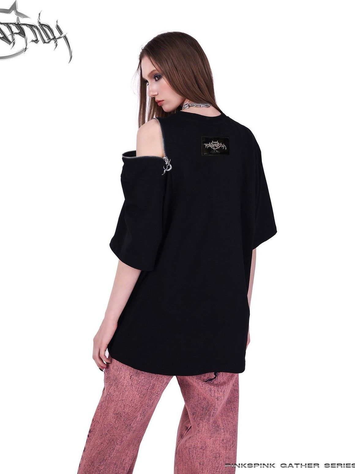 PINKSPINK Black Thorn Heart Zip Punk Women's Cotton Off-shoulder T-shirts