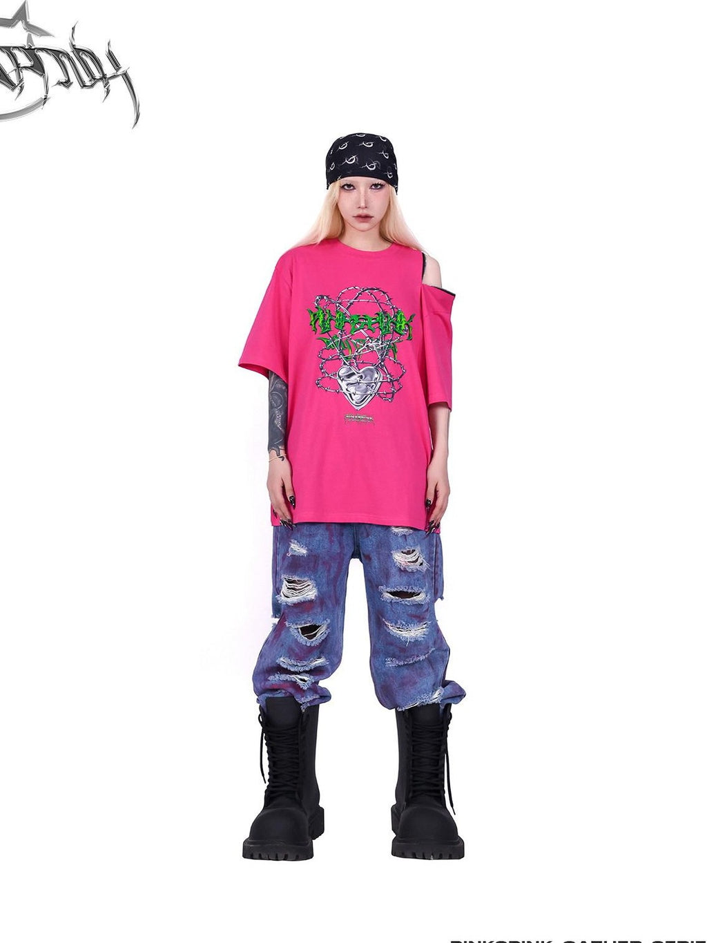 PINKSPINK Black Thorn Heart Zip Punk Women's Cotton Off-shoulder T-shirts