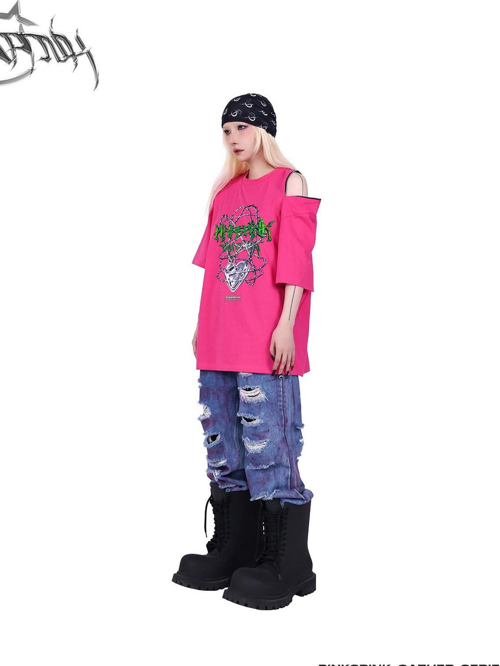 PINKSPINK Black Thorn Heart Zip Punk Women's Cotton Off-shoulder T-shirts