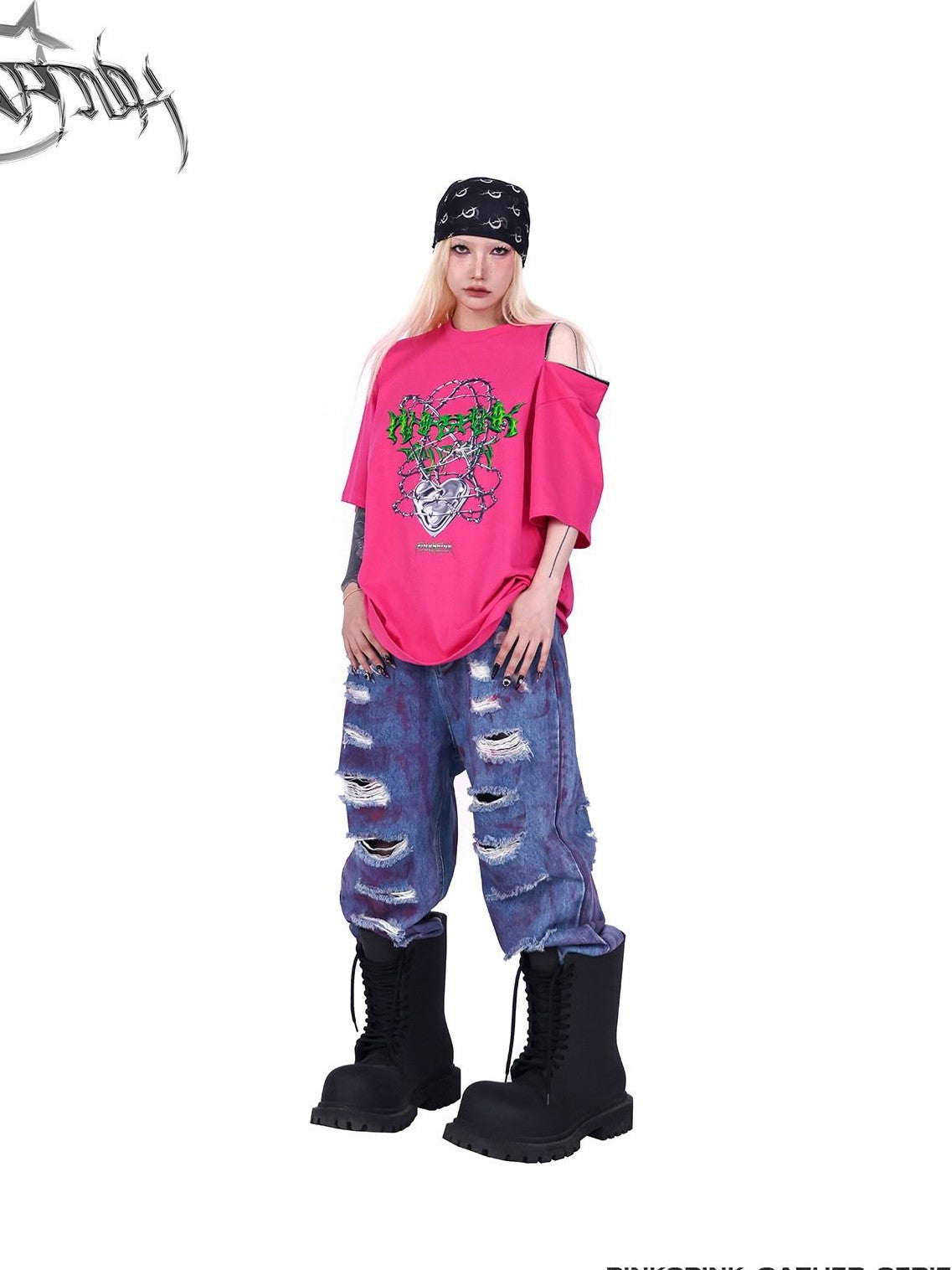 PINKSPINK Black Thorn Heart Zip Punk Women's Cotton Off-shoulder T-shirts