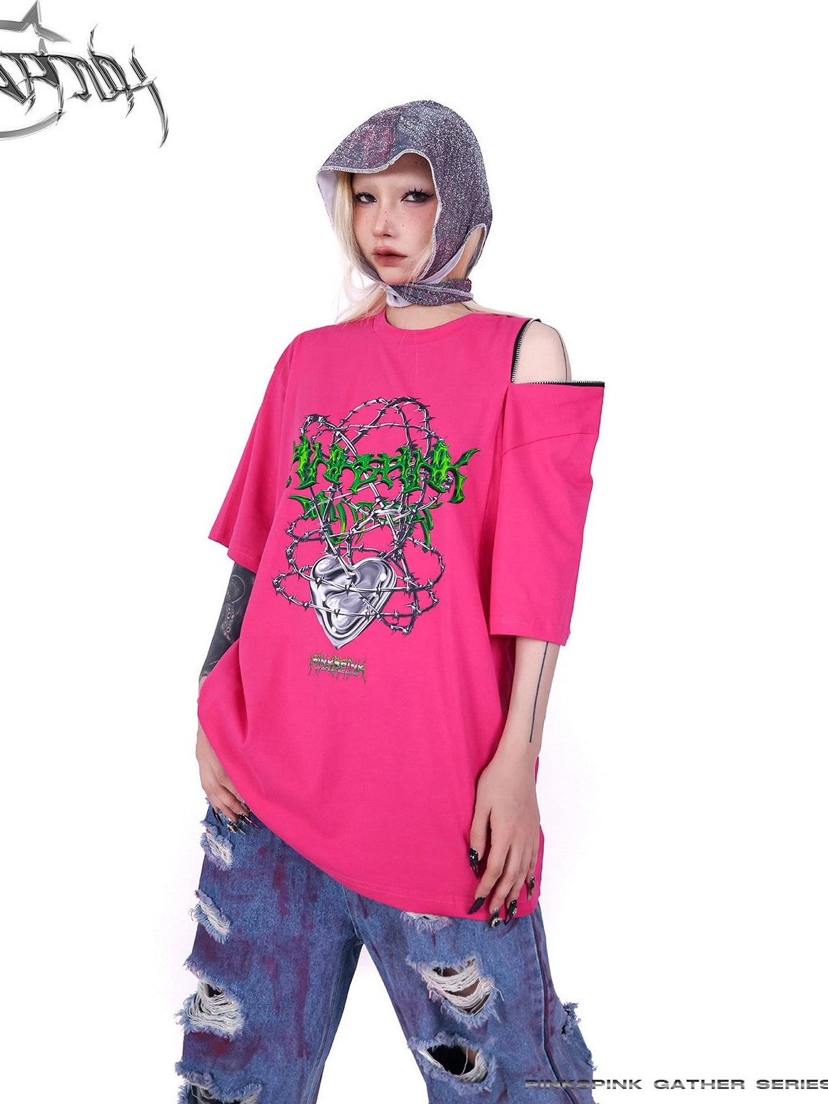 PINKSPINK Black Thorn Heart Zip Punk Women's Cotton Off-shoulder T-shirts