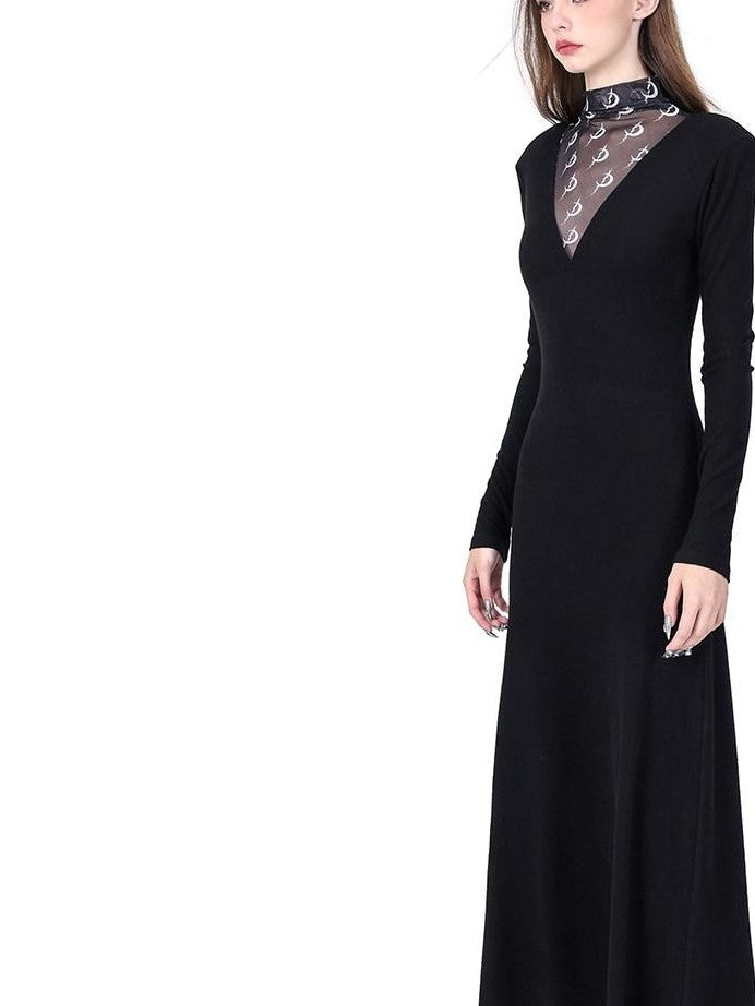 PINKSPINK Black Tulle Splice Padded Shoulder Women's Casual Maxi Dresses