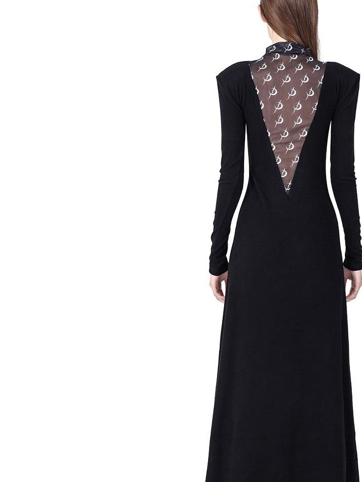 PINKSPINK Black Tulle Splice Padded Shoulder Women's Casual Maxi Dresses