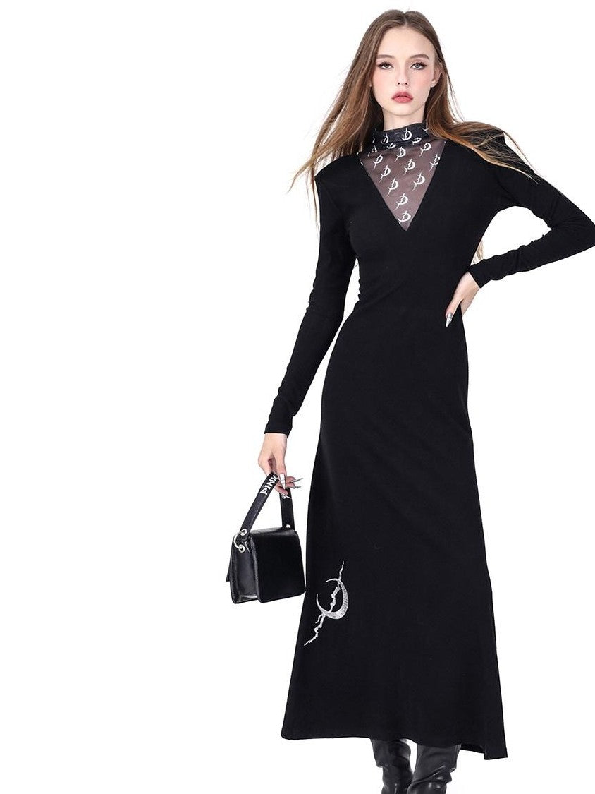 PINKSPINK Black Tulle Splice Padded Shoulder Women's Casual Maxi Dresses