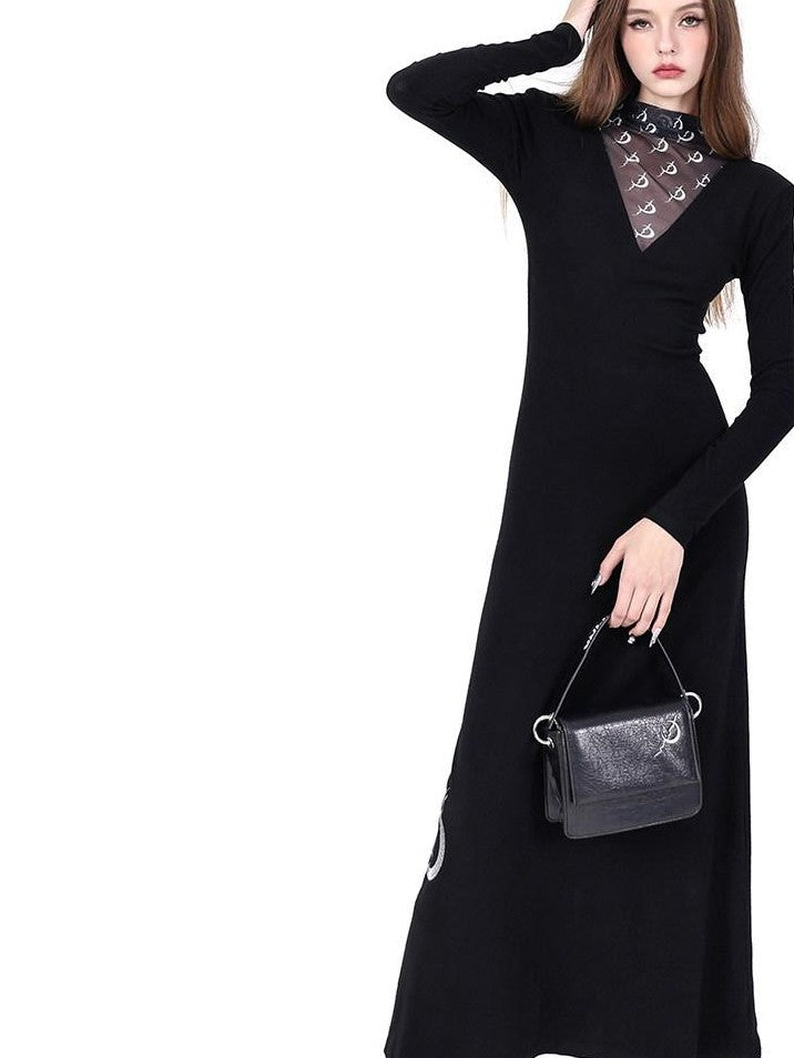 PINKSPINK Black Tulle Splice Padded Shoulder Women's Casual Maxi Dresses