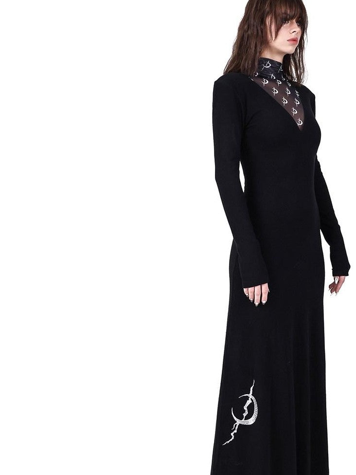 PINKSPINK Black Tulle Splice Padded Shoulder Women's Casual Maxi Dresses