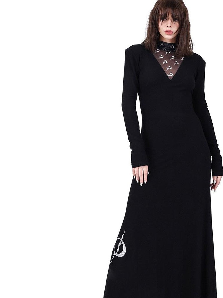 PINKSPINK Black Tulle Splice Padded Shoulder Women's Casual Maxi Dresses